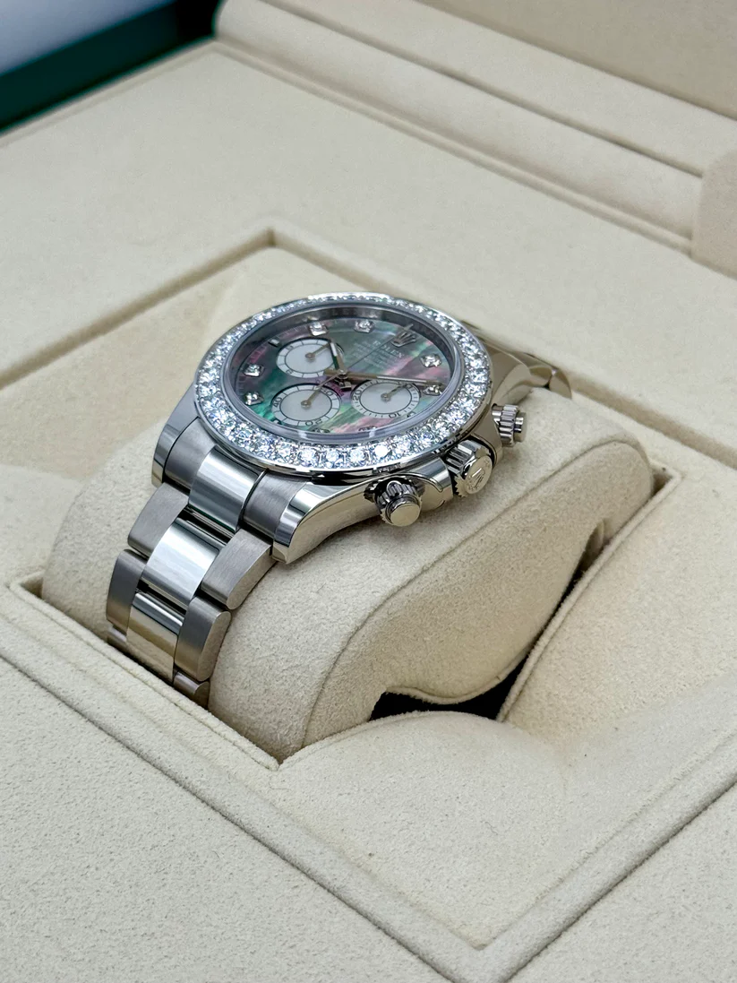 [Super Clone]Rolex Cosmograph Daytona 40mm White Gold Mother of Pearl Dial Diamond Bezel - 126579RBR