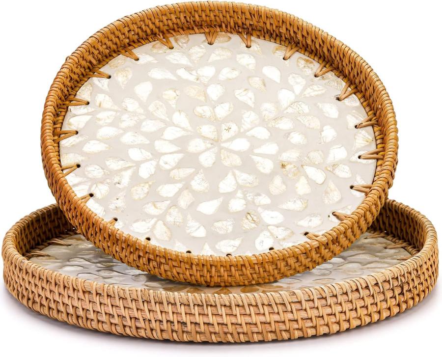 Frcctre 2 Pack Round Rattan Serving Tray With Mother Of Pearl Inlay Wooden Base, Decorative Wicker Baskets Woven Serving Tray For Bread Fruit