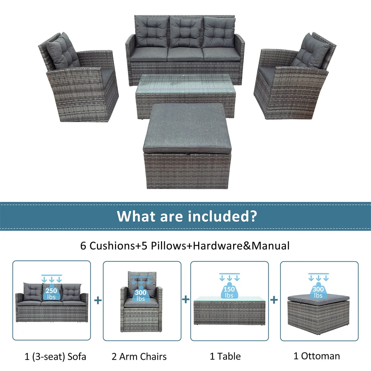5 Piece Patio Furniture Sets, Outdoor Conversation Sets with Glass Coffee Table, Wicker Rattan Sectional Sofa Couch with Storage Bench, Ottomans Cushions for Garden, Pool, Backyard, Gray(4 Piece Gray) Image 7
