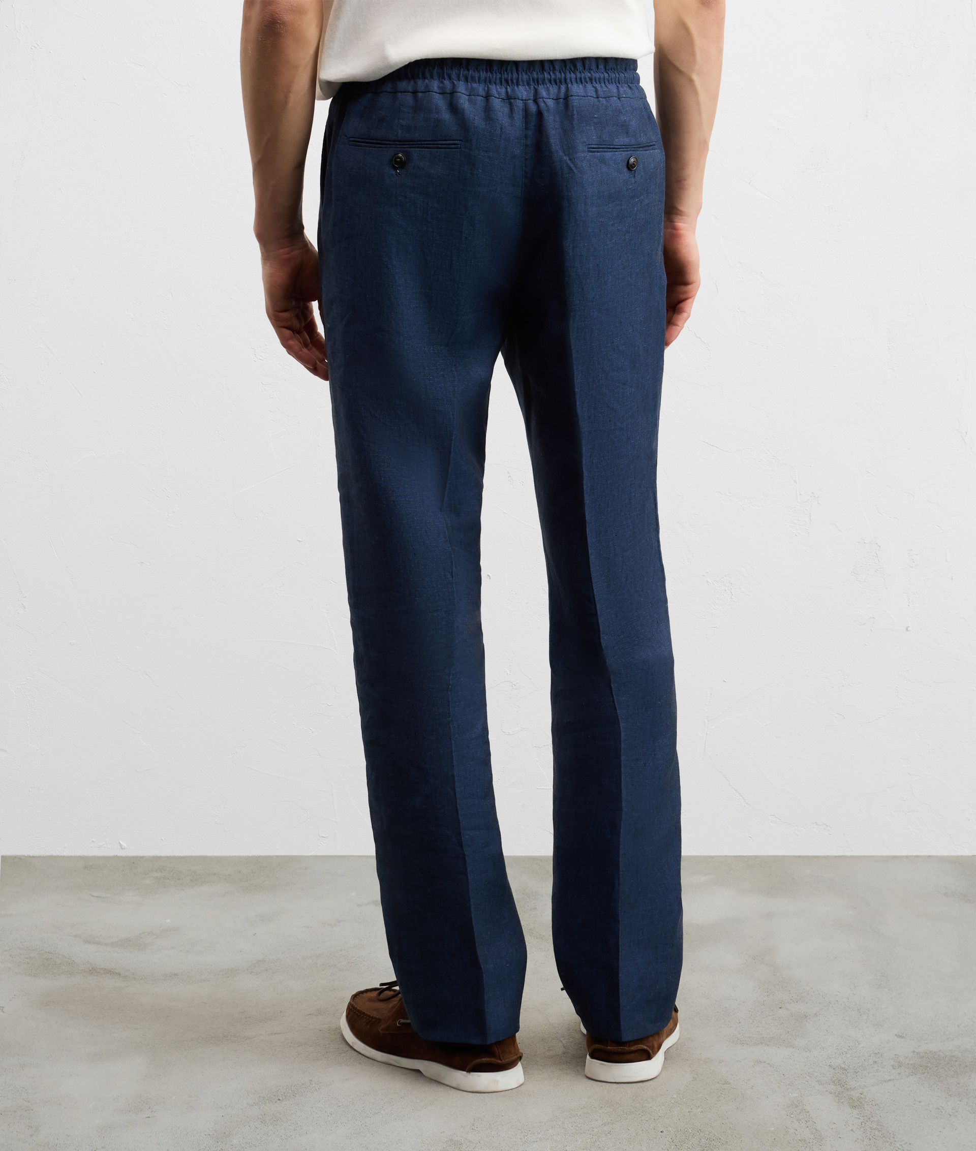 NAVY BLUE FLAMED LINEN DRAWSTRING TROUSERS