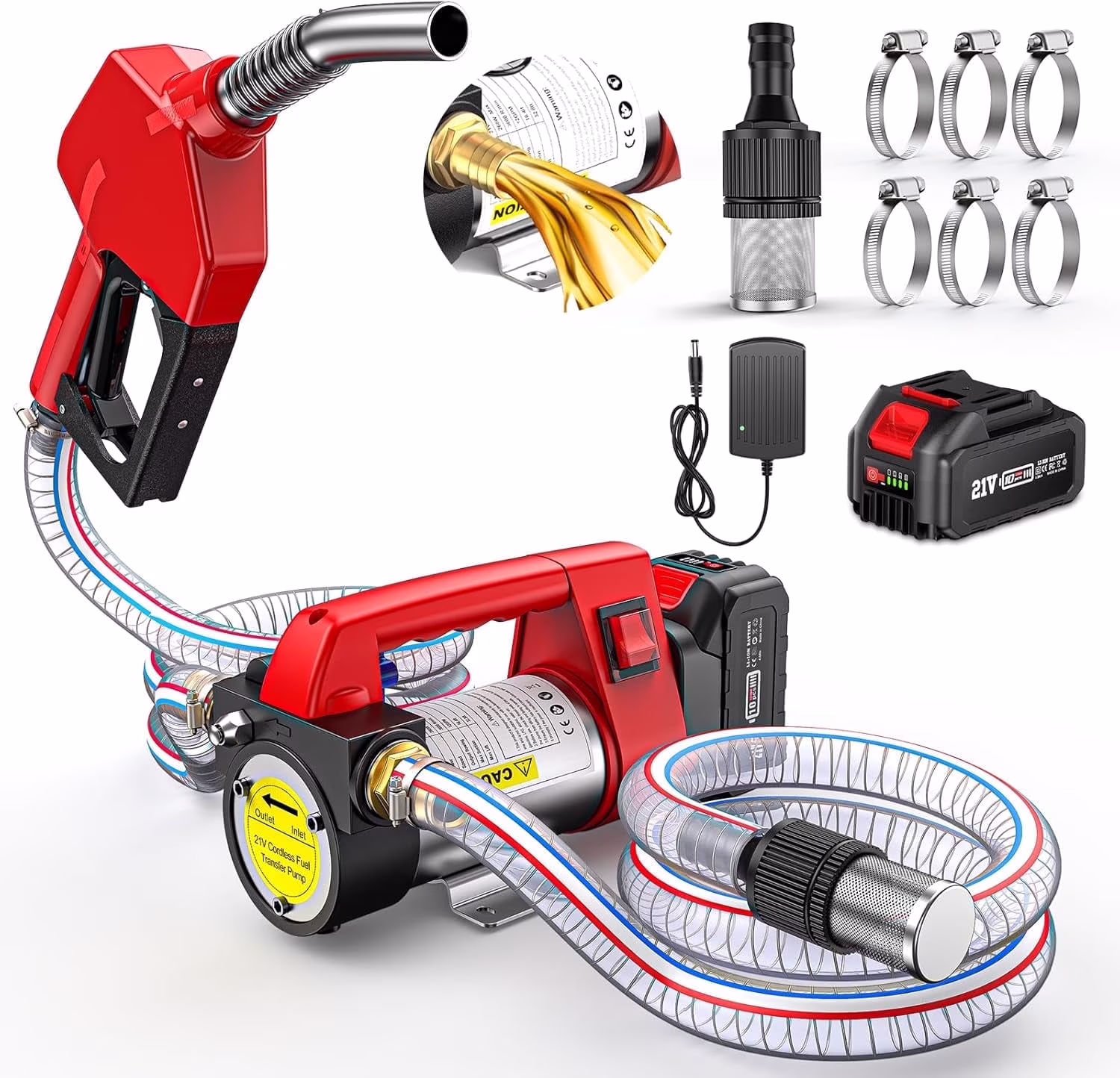 Taskstar 260W Fuel Transfer Pump Battery Powered, 12GPM Electric Pump Kit with 21V 4.0ah Battery & Charger, Portable Cordless Pump with Auto - Off Nozzle & 2x 6.6FT Hoses Diesel Keroséne Transfer Pump