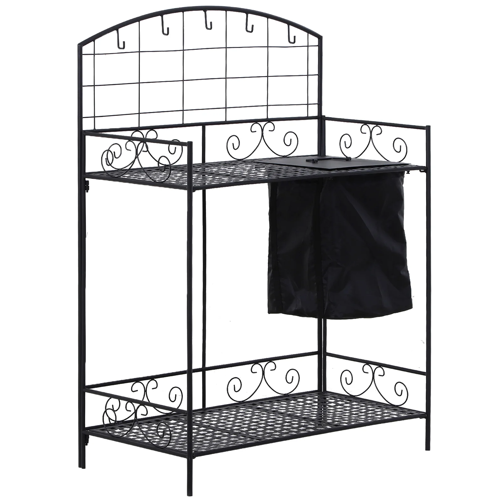 Outsunny Folding Potting Bench Table, Metal Garden Workstation, Work Bench with Large Build-In Bag with Cover, 5 Hanging Hooks & Storage Shelf