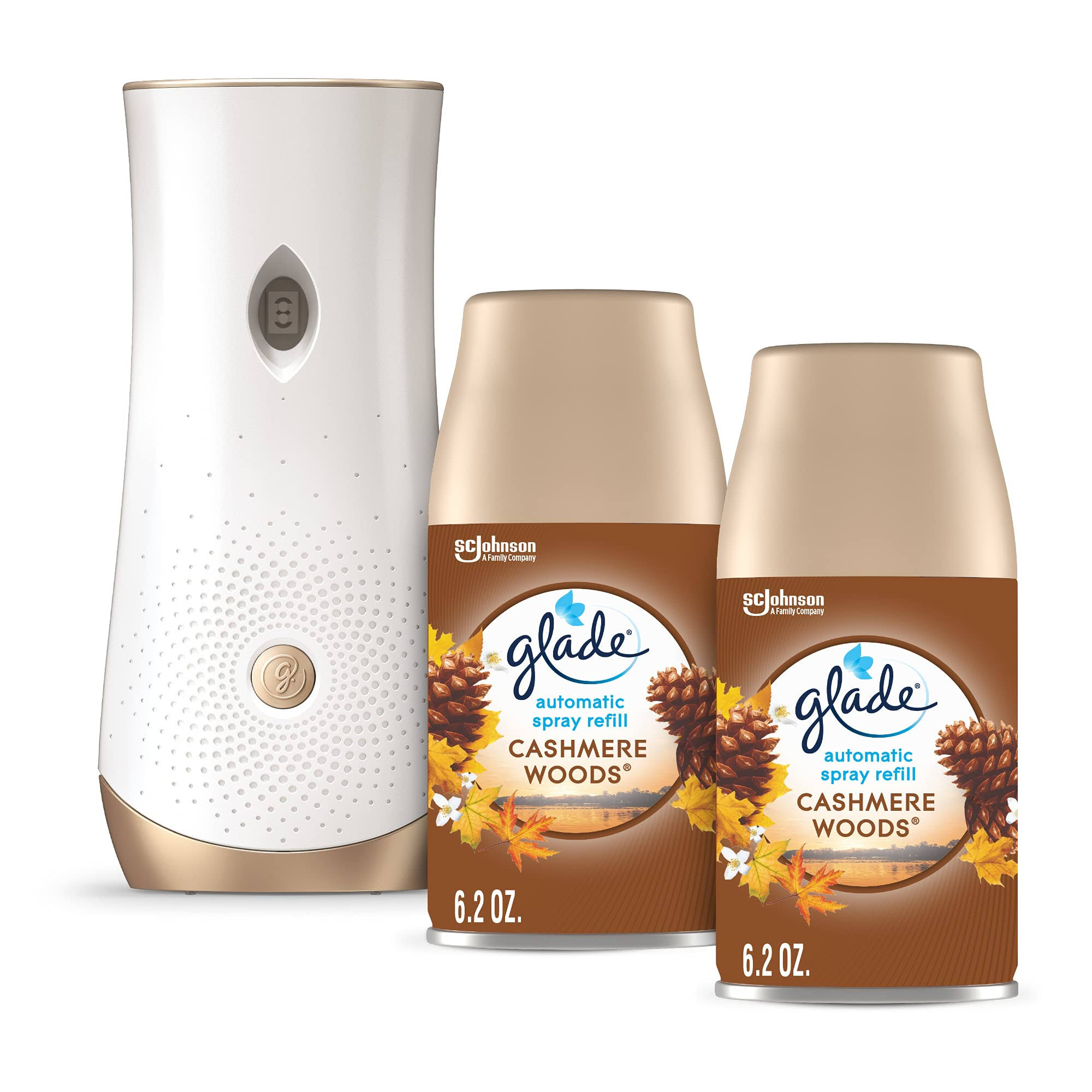 Glade Automatic Spray Refill and Holder Kit, Air Freshener for Home and Bathroom, Cashmere Woods, 6.2 oz, 2 Count