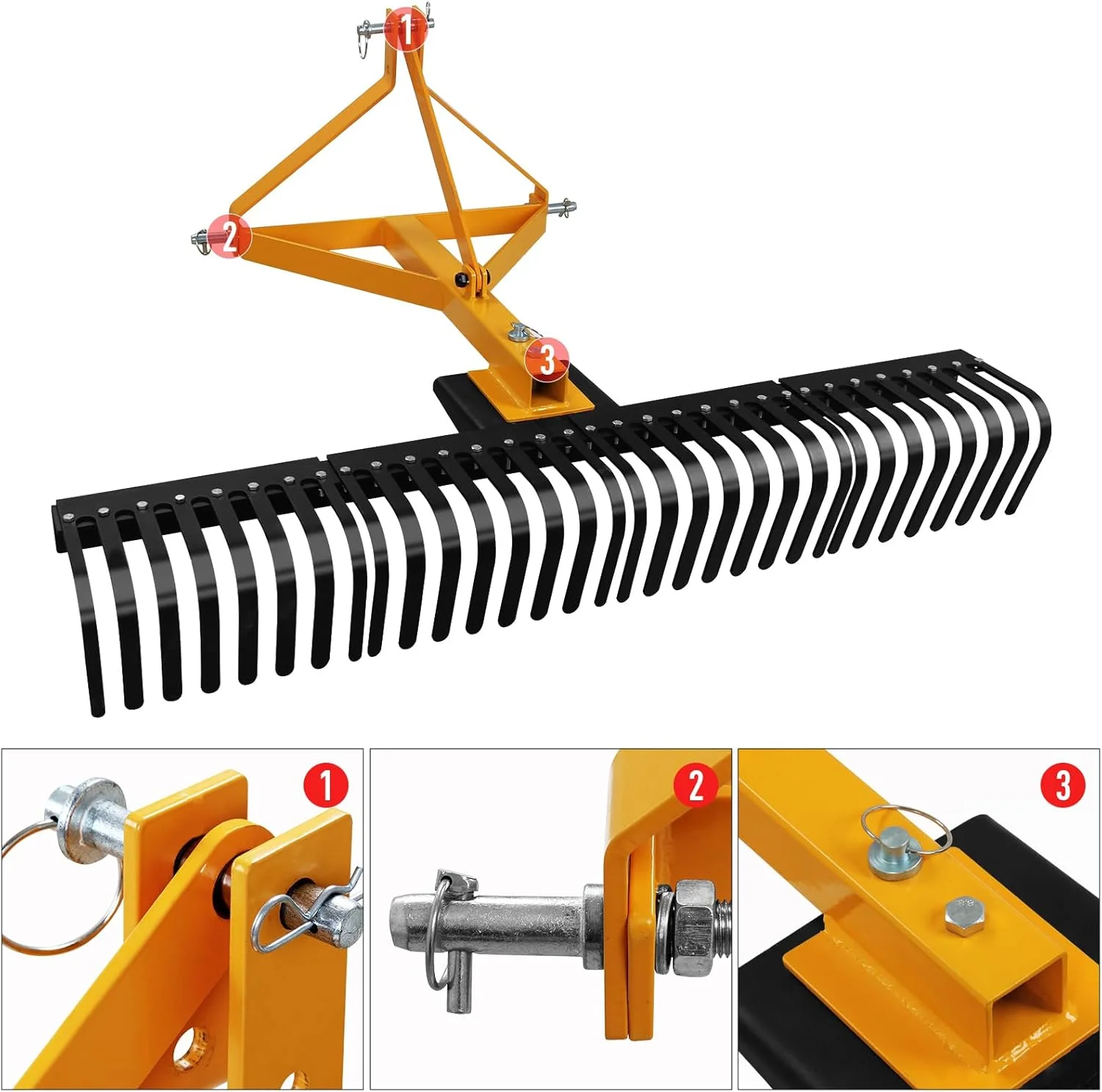 Landscape Rock Rake, 3 Point Attach 5 FT Tow Behind Tractor Rotatable Rake Fits Category 1 Hookup, Tow Behind Garden Tool, Landscaper, and Grass Comb(�ڻ�ɫ) Image 4