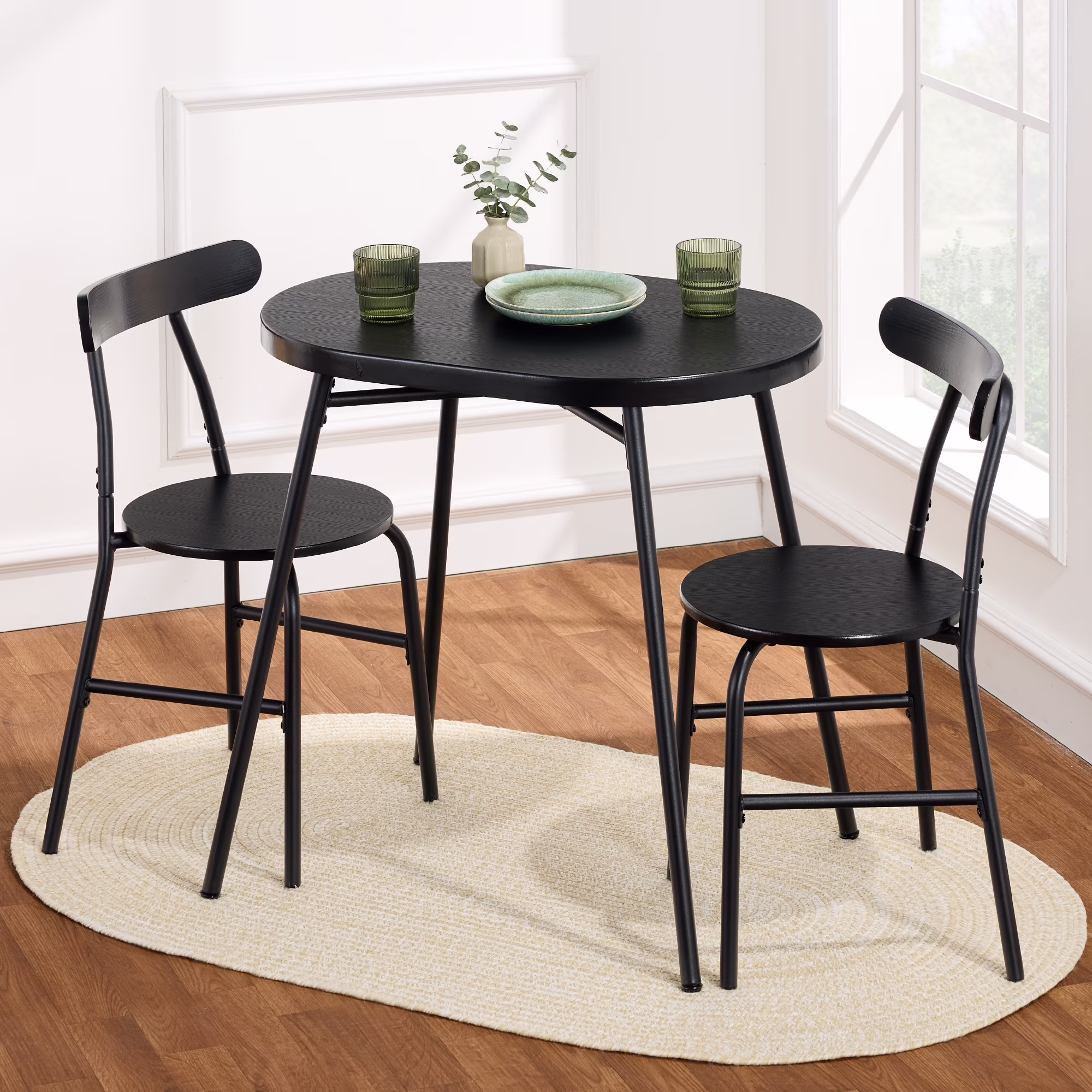 3-Piece Modern Oval Dining Table Set, Small Kitchen Dinette w/ 2 Chairs Black/Black(Black/Black)