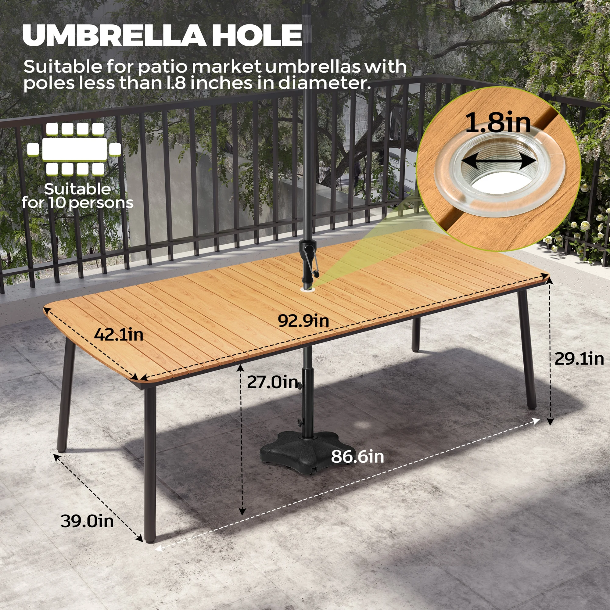 93" Outdoor Dining Table for 8–10 People, Patio Rectangle Table with Wood Like Tabletop and Umbrella Hole, Aluminum Frame for Garden, Lawn, or Backyard, Brown(92 9" x 42 1“ x 29 1“/Brown) Image 4