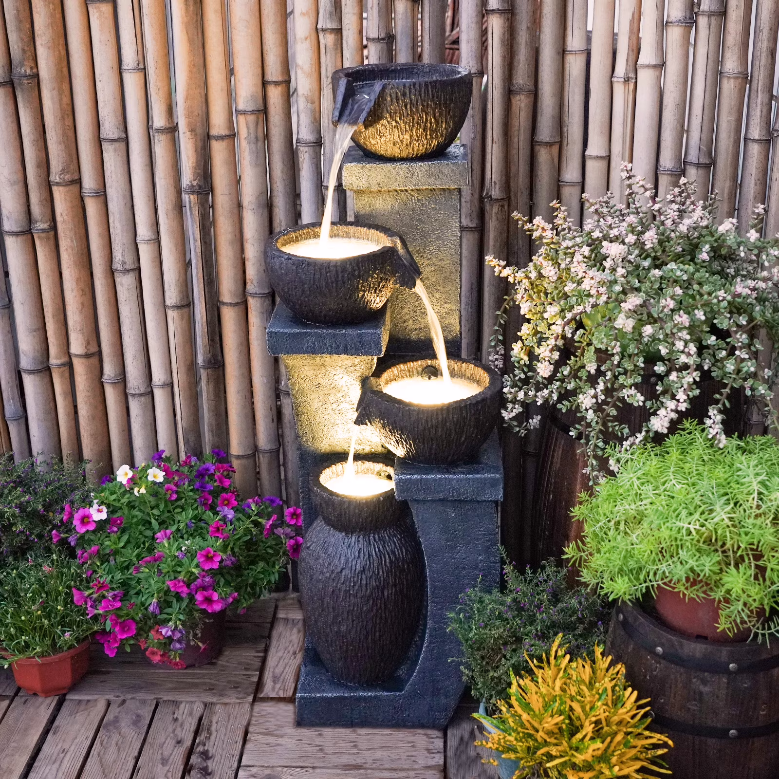 37 4��H Outdoor Water Fountain with 4 Crocks, Modern LED Lighted Garden Floor Fountain for Patios and Yards �C Durable Resin Water Feature with Cascading Waterfall Design for Indoor/Outdoor D��cor(1)