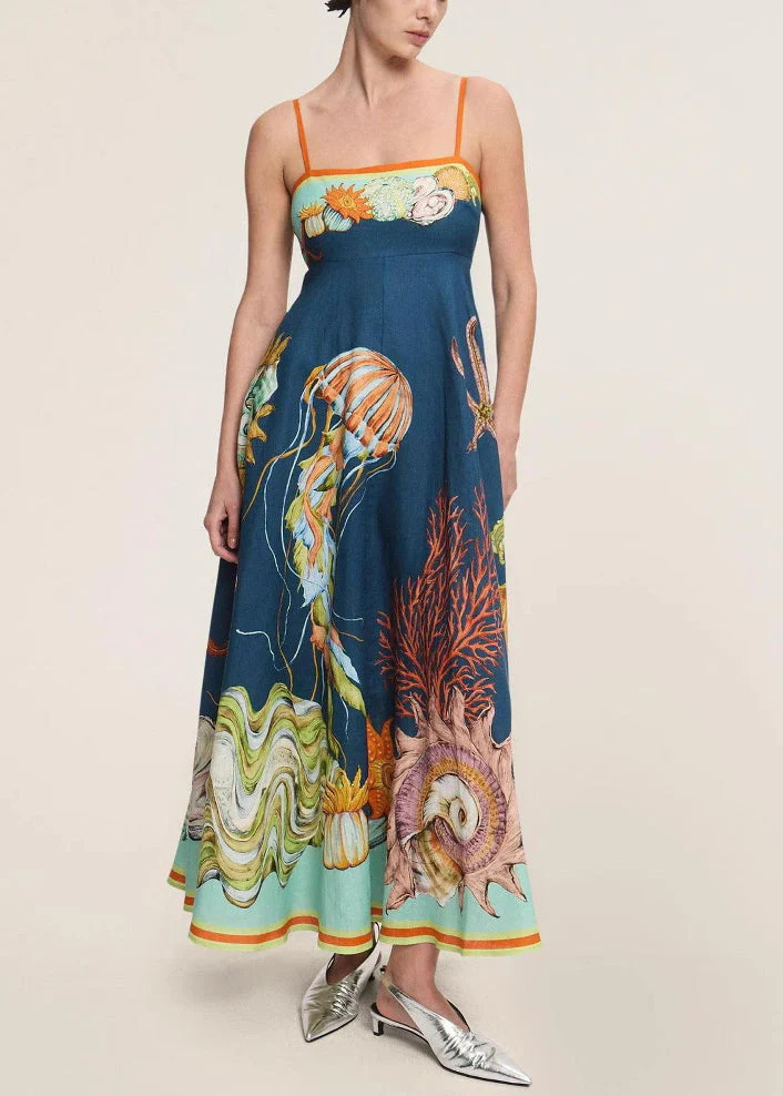 Sophie Paris I Robe sans manches en lin avec bretelles fines et imprimé Marine italienne