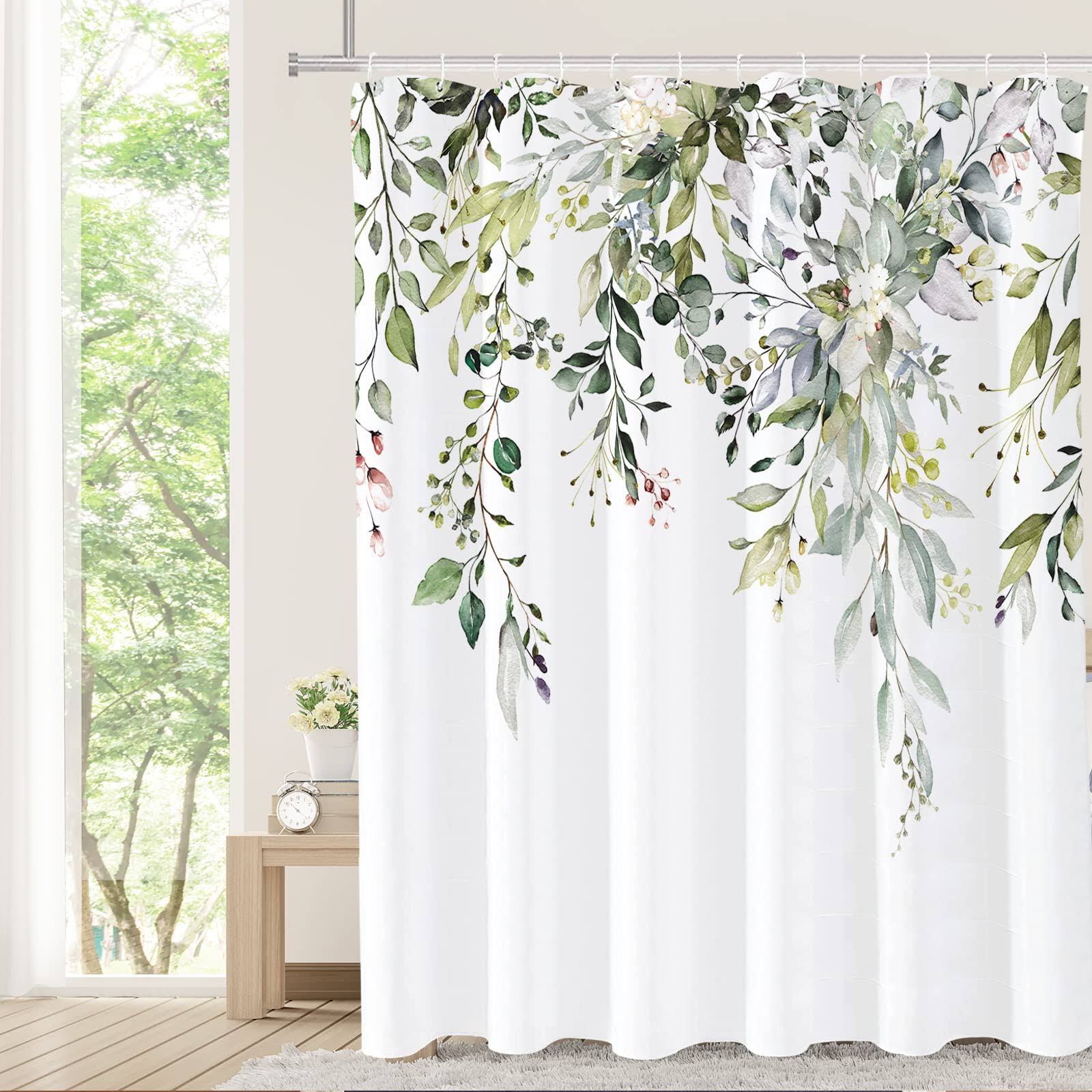 Tititex Green Eucalyptus Shower Curtain, Watercolor Leaves on The Top Plant with Floral Bathroom Decoration Shower Curtain Sets 72x72 inch with Hooks