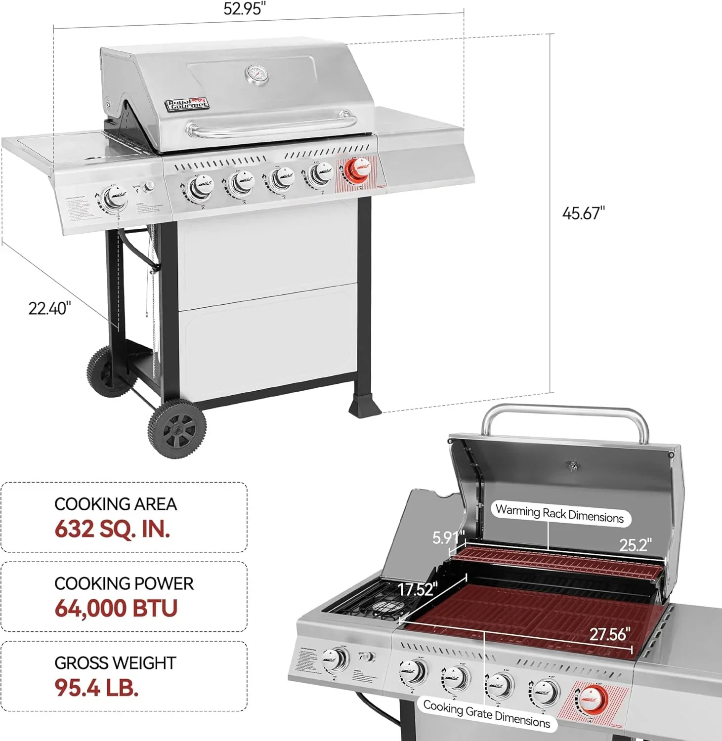 Barbecue à gaz propane Royal Gourmet GA5401T à 5 brûleurs avec brûleur de saisie et brûleur latéral en acier inoxydable