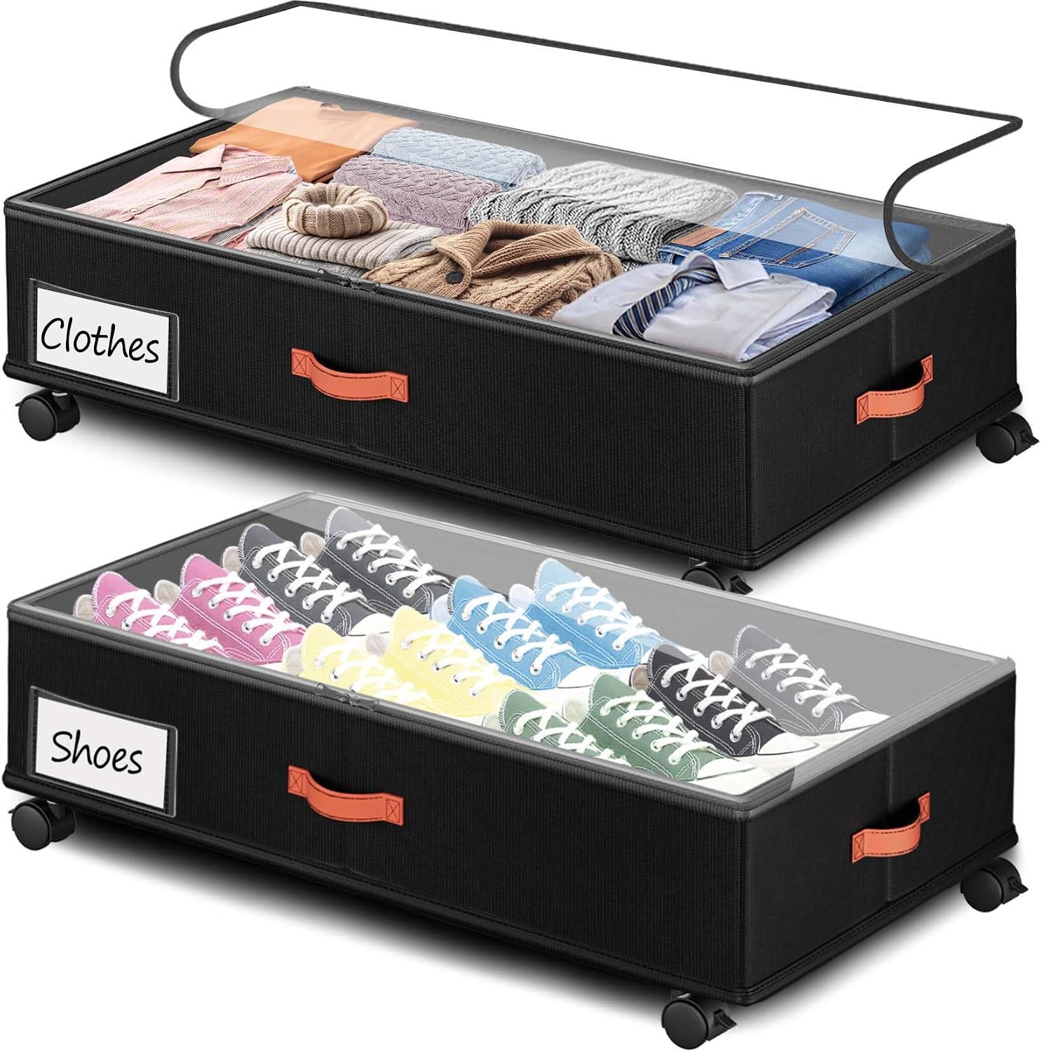 Under Bed Storage with Wheels 2-Pack, Under Bed Storage Containers 66L with Clear Lids, Rolling Storage Drawers for Clothes, Shoes, Blankets, Underbed Organizer Bins (30