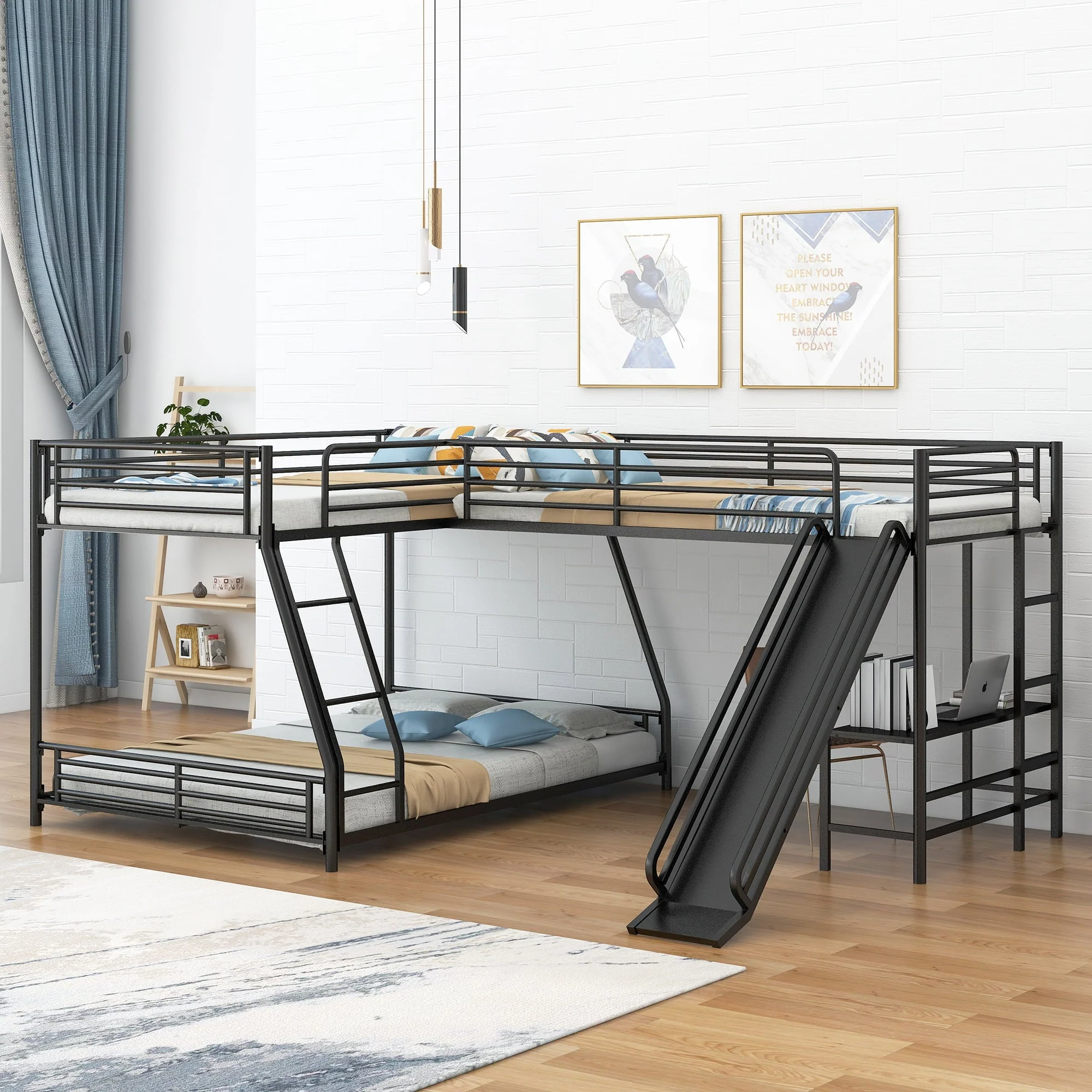 Metal L-Shaped Twin over Full Bunk and Loft Bed with Desk for Kids, Black - Image 3