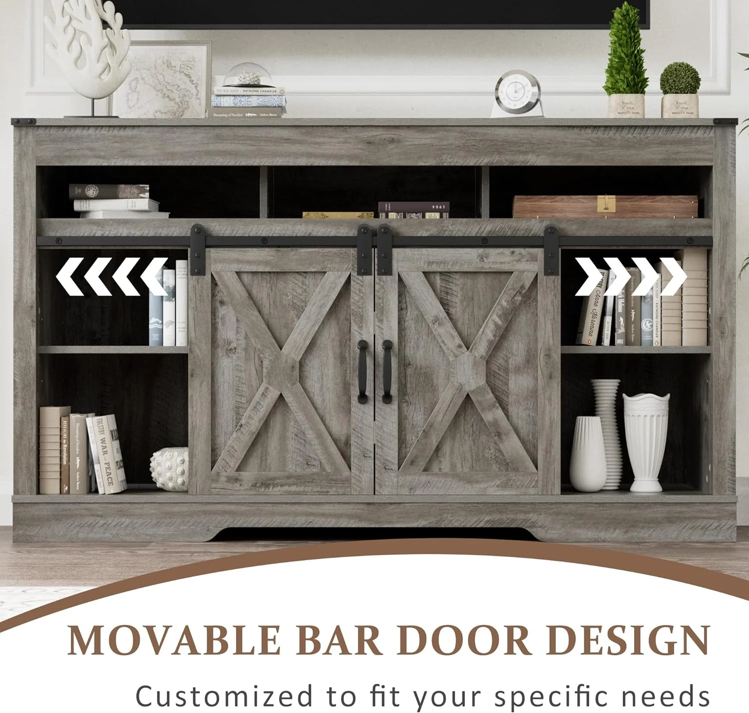 Farmhouse TV Stand for 65+ inch TV,34'' Tall Entertainment Center with Sliding Barn Doors, Rustic Wood Media Console Storage Cabinet Television Stand for Living Room, Light Grey(TV Stand 2/Light Grey) - Image 10