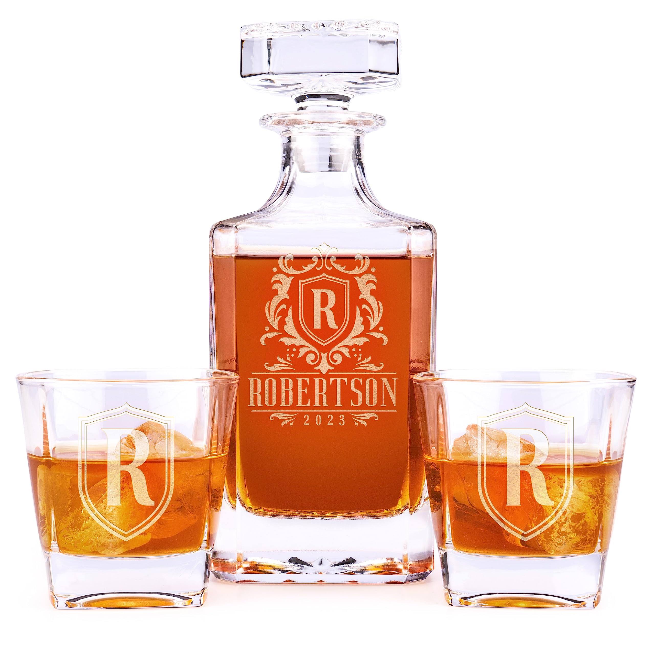 Personalized Whiskey Decanter Set - 5 Design options - Custom Liquor 25 oz, 750ml Liquor Decanter w/Whiskey Glass Set Options, Birthday & Retirement