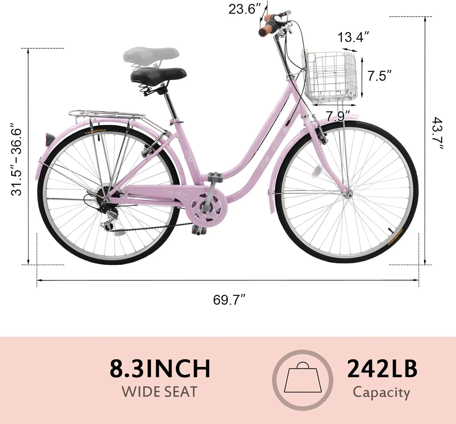 Women's Beach Cruiser Bike, 26in City Cruiser Bikes High Carbon Steel V Brake 7 Speed Commuter Bike with Basket Mirror(Pink) - Image 5
