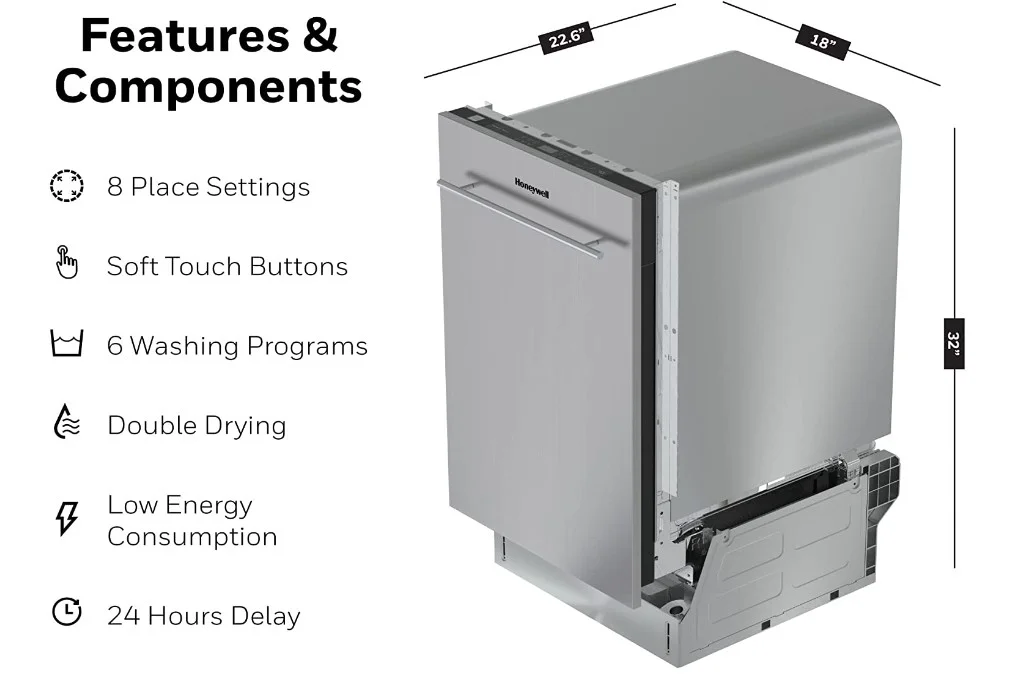 Honeywell 18 in Dishwasher with 8 Place Settings, 6 Washing Programs, Stainless Steel Tub