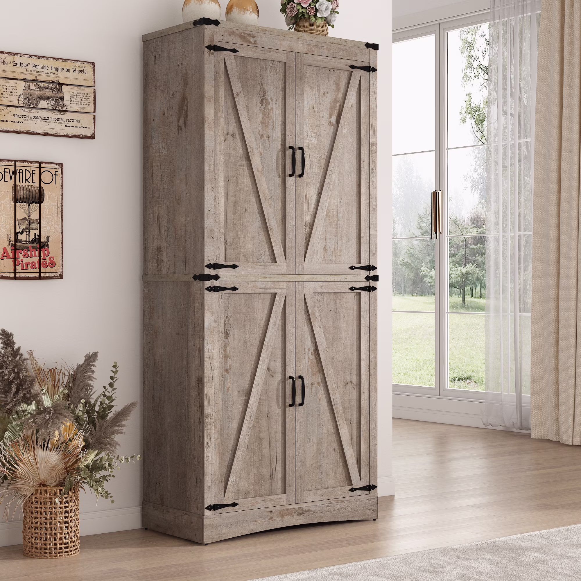 71" Tall Farmhouse Kitchen Pantry Cabinet, 5 Layers Storage Cabinet with Adjustable Shelves, Farmhouse Pantry Cabinet with 4 Barn Doors for Kitchen, Dining Room, Bathroom, Living Room, Rustic White(White-4 Barn Doors) - Image 7