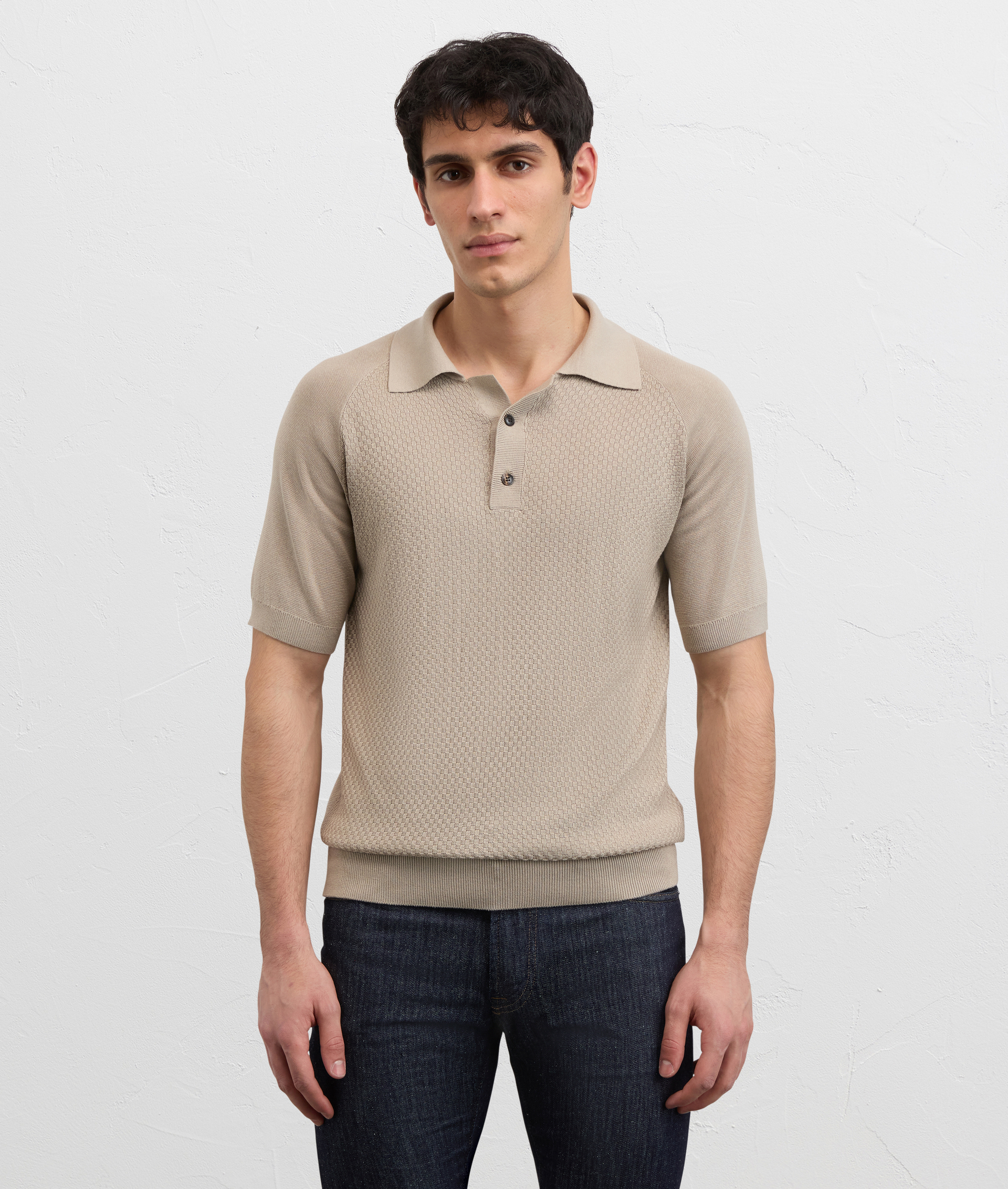 LIGHT BROWN SILK AND COTTON KNITTED SHORT SLEEVED POLO SHIRT WITH BUTTONS