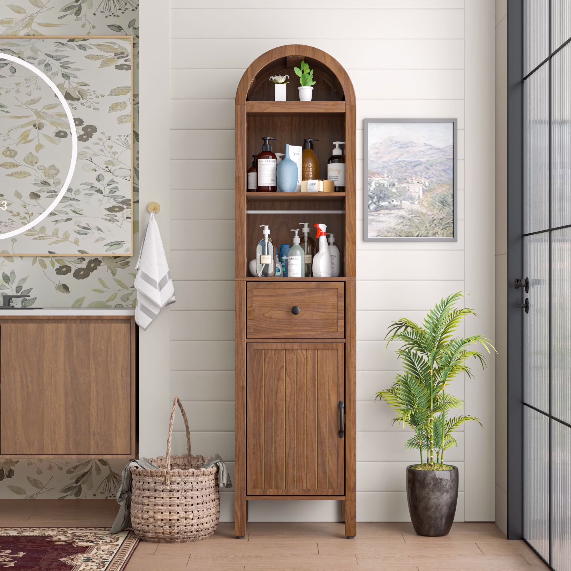 Bathroom Storage Cabinet Narrow Tall Cabinet Storage Tower with Door and Drawer(Walnut Color)
