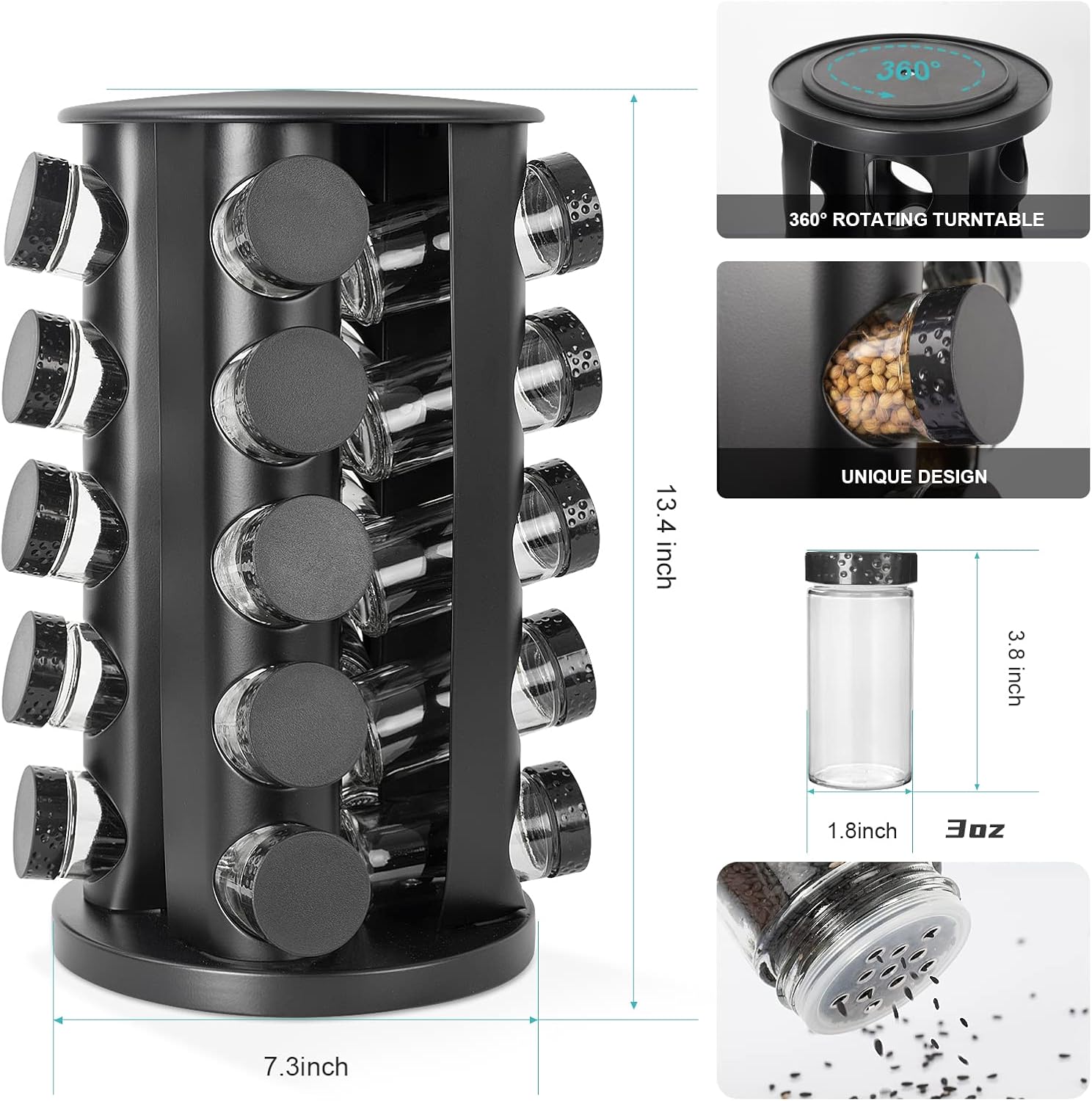 Tianifa Black Countertop Rotating Spice Rack, Round Empty 20-Jar Revolving Spice Rack Organizer, 135 Spice Labels with Funnel Complete Set, for Kitchen Countertop, Cabinet