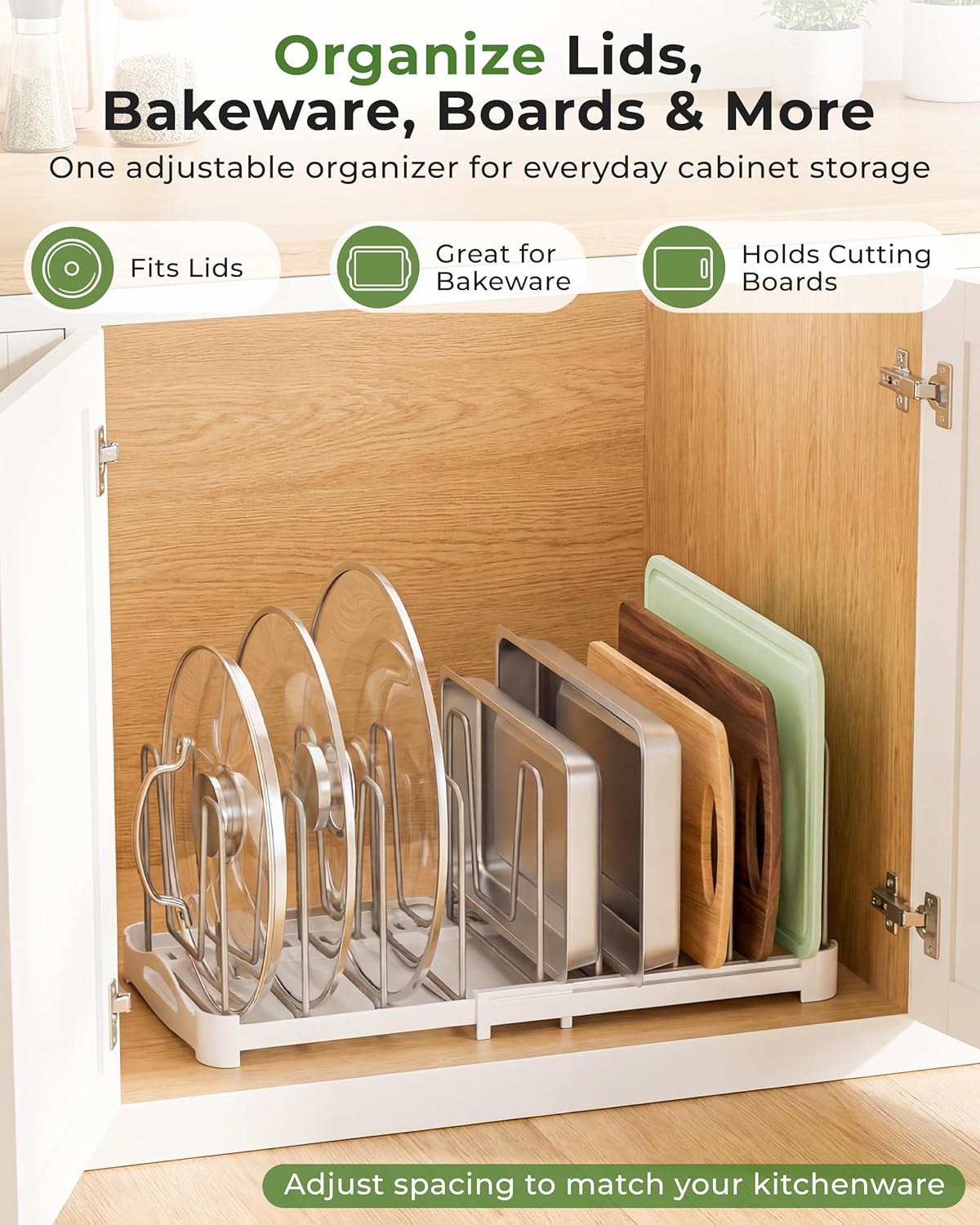 EVERIE Adjustable Cabinet Organizer for Pot Lids, Bakeware, Cookie Sheets & Cutting Boards, Upright Storage Rack for Kitchen Cabinet, Stable Dividers, 9.7
