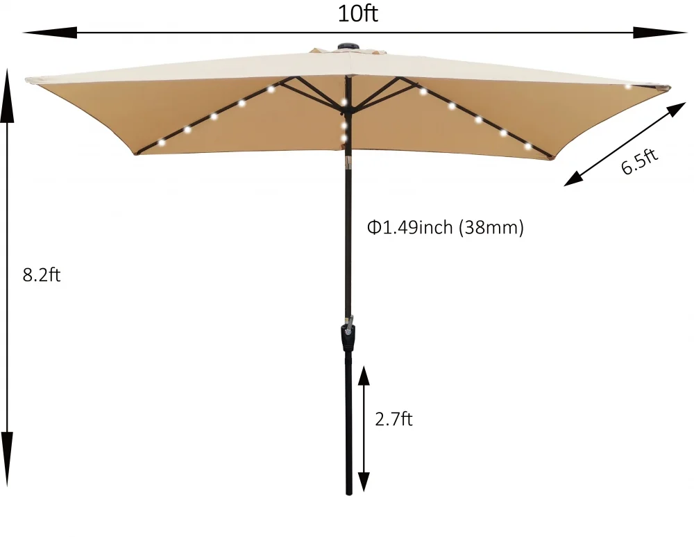 10 x 6.5t Patio Umbrella,Rectangular Picnic Table Umbrella,6-8 Chairs Tilt Umbrella with 26 LED Lights,Waterproof Umbrella Sunshade with Crank and Push Button Tilt for Garden Backyard Pool,LIGHT GREY
