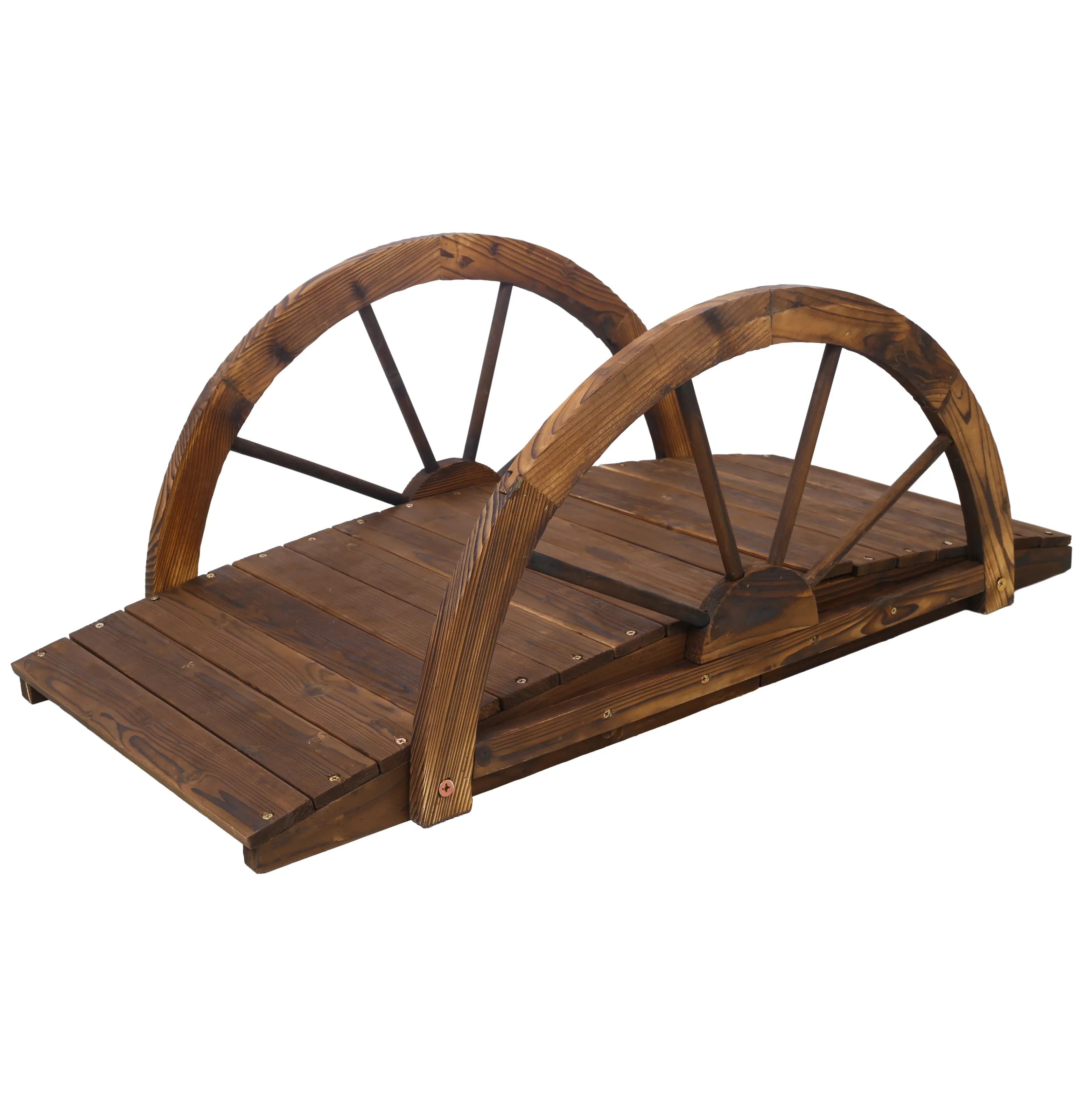 3.3ft Wooden Garden Bridge Arc Footbridge with Half-Wheel Style Railings & Solid Fir Construction, Stained Wood
