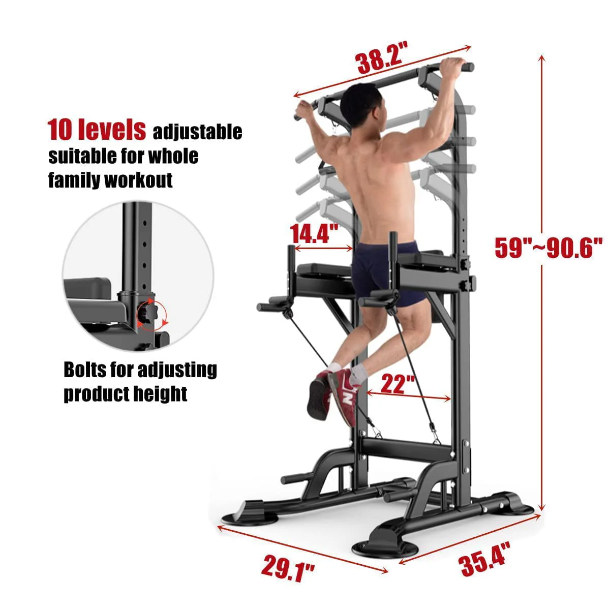 PROHIKER Power Tower Dip Station, Pull Up Bar Stand Power Rack with Backrest and Resistance Band, Height Adjustable Strength Training Equipment for Fitness Home Workout, Black Image 10