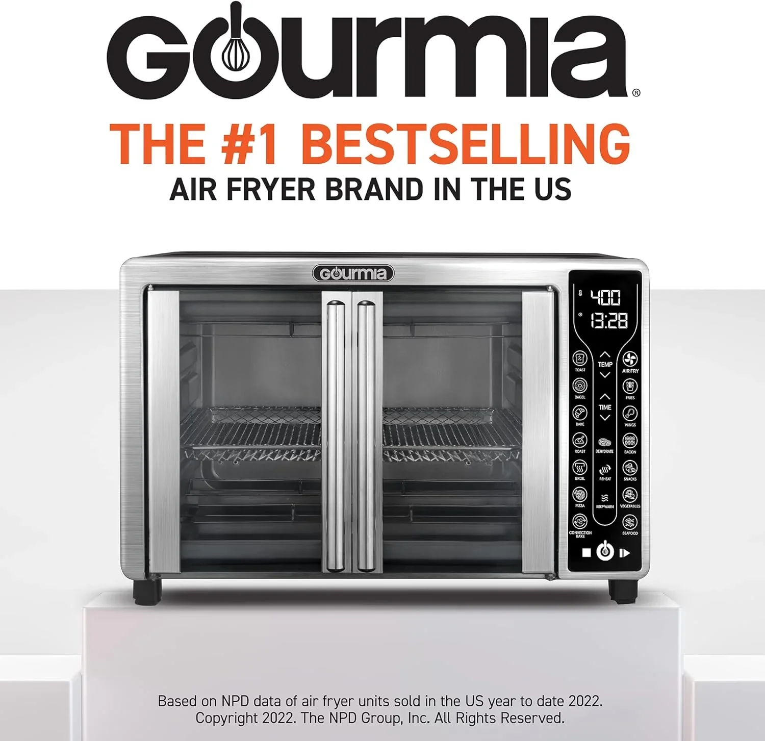 Four Gourmia avec friteuse à air chaud, 17 programmes de cuisson prédéfinis, capacité de 24 L et grille à convection.