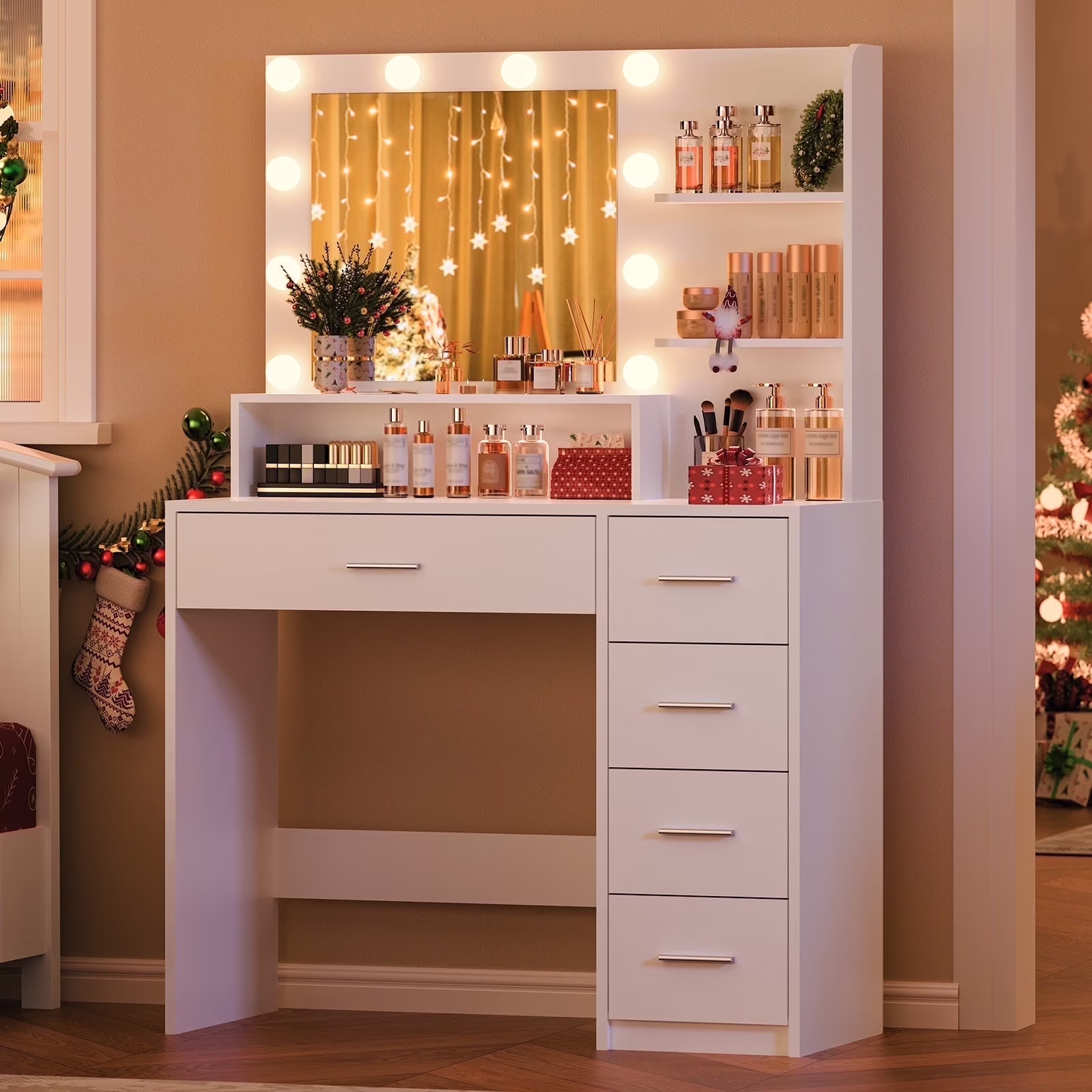 Makeup Vanity Desk with Mirror Lights, Vanity Table with 5 Drawers Storage Shelves, Makeup Vanity , 3 Color Modes Adjustable Brightness Dressing Table, Bedroom, White(White)