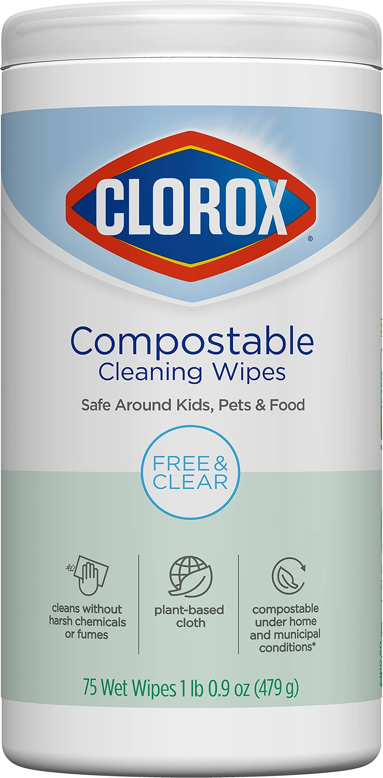 Clorox Cleaning Wipes, Free & Clear, Compostable - 75 wet wipes [1 lb 0.9 oz (479 g)]