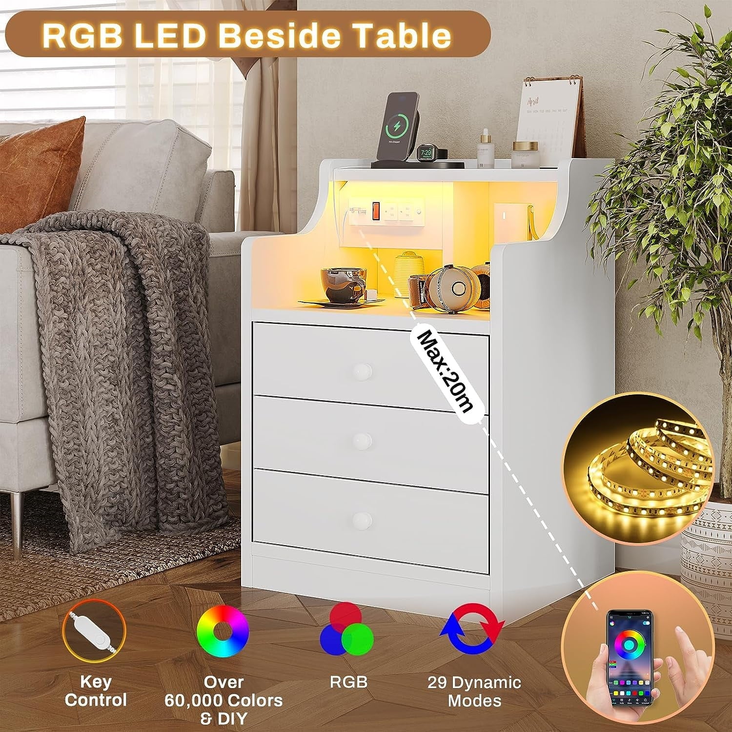 Nightstand with 3 Drawers and Shelves,Night Stand with LED Lights and USB Port Charging Station,LED Bedside Table with Hutch,Black(Black) - Image 5