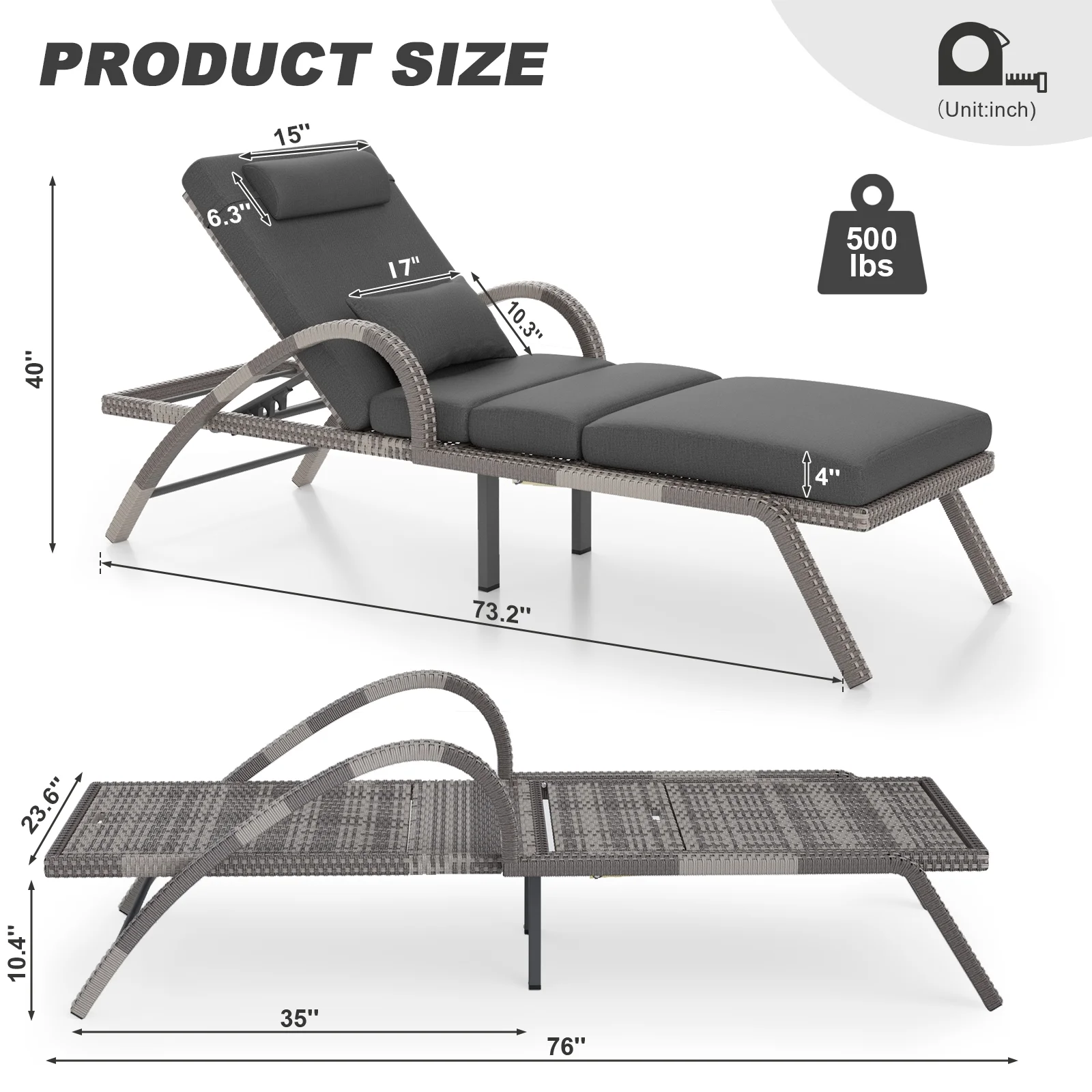 MEISSALIVVE 4 - Piece Outdoor Lounge Chairs, Pool Chairs with Adjustable 5 Position Backrest, PE Rattan Chaise for Backyard Porch Deck (Gray)