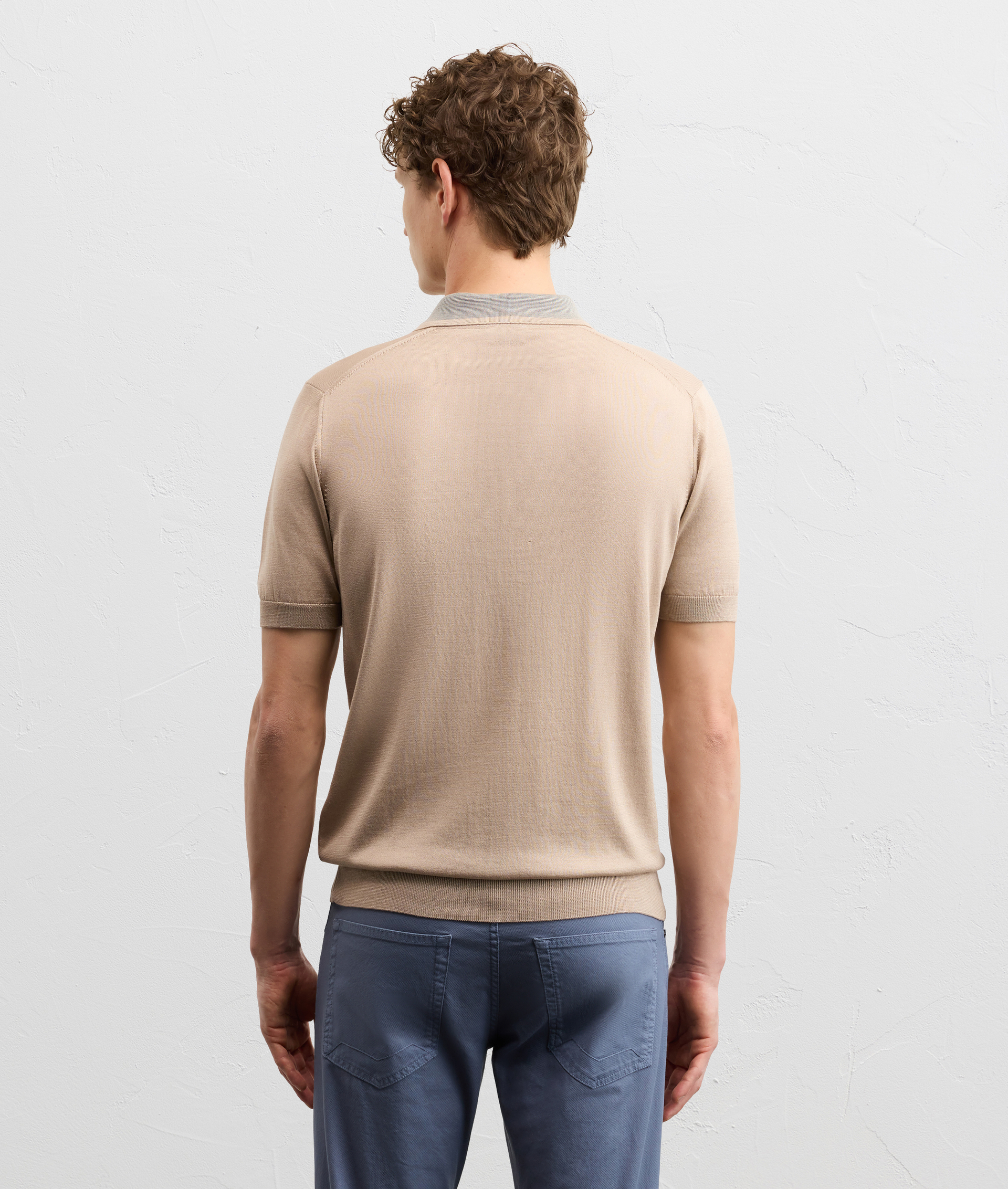 LIGHT BROWN SILK AND COTTON SHORT SLEEVED KNITTED POLO SHIRT