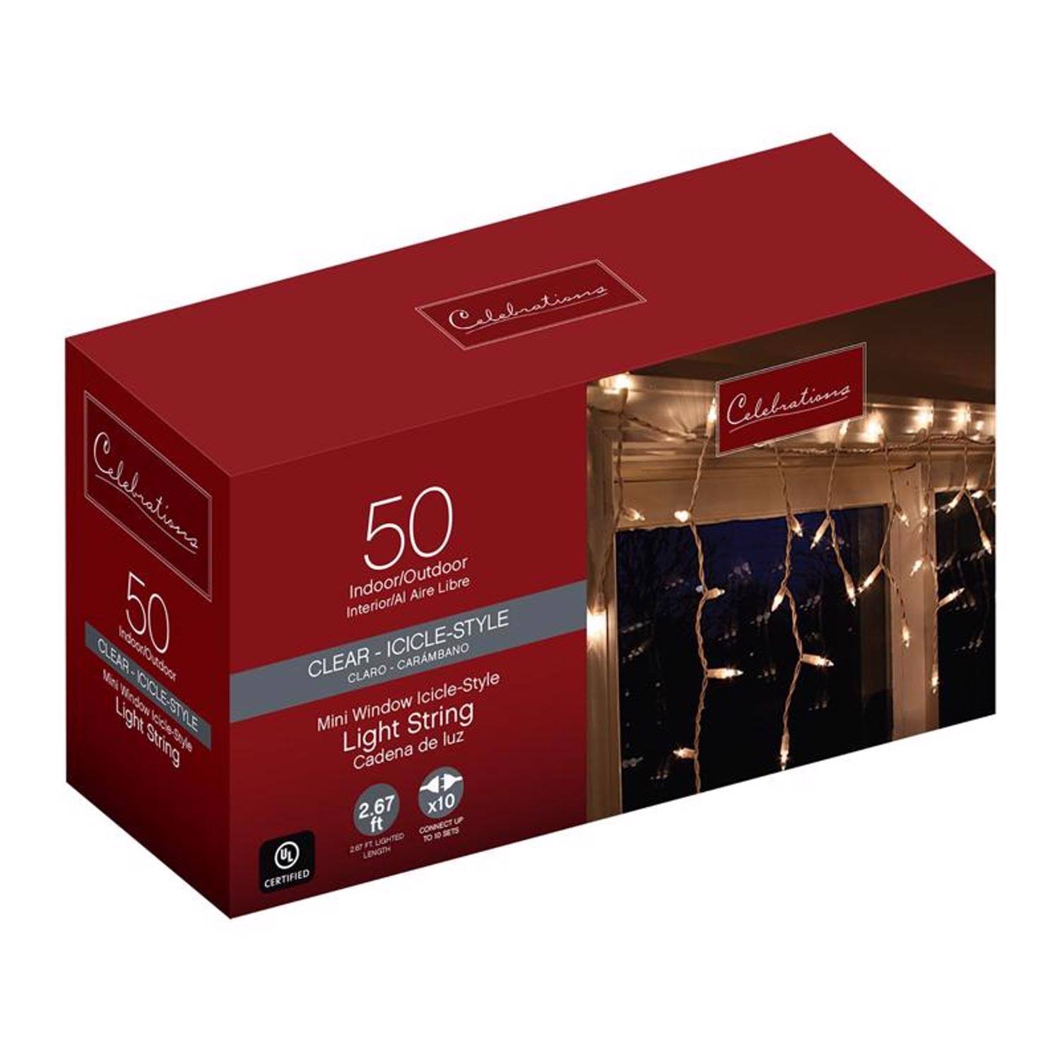 Celebrations Indoor/Outdoor Icicle-Style Window Lights, 50 Bulbs, Clear with White Wire, 3'