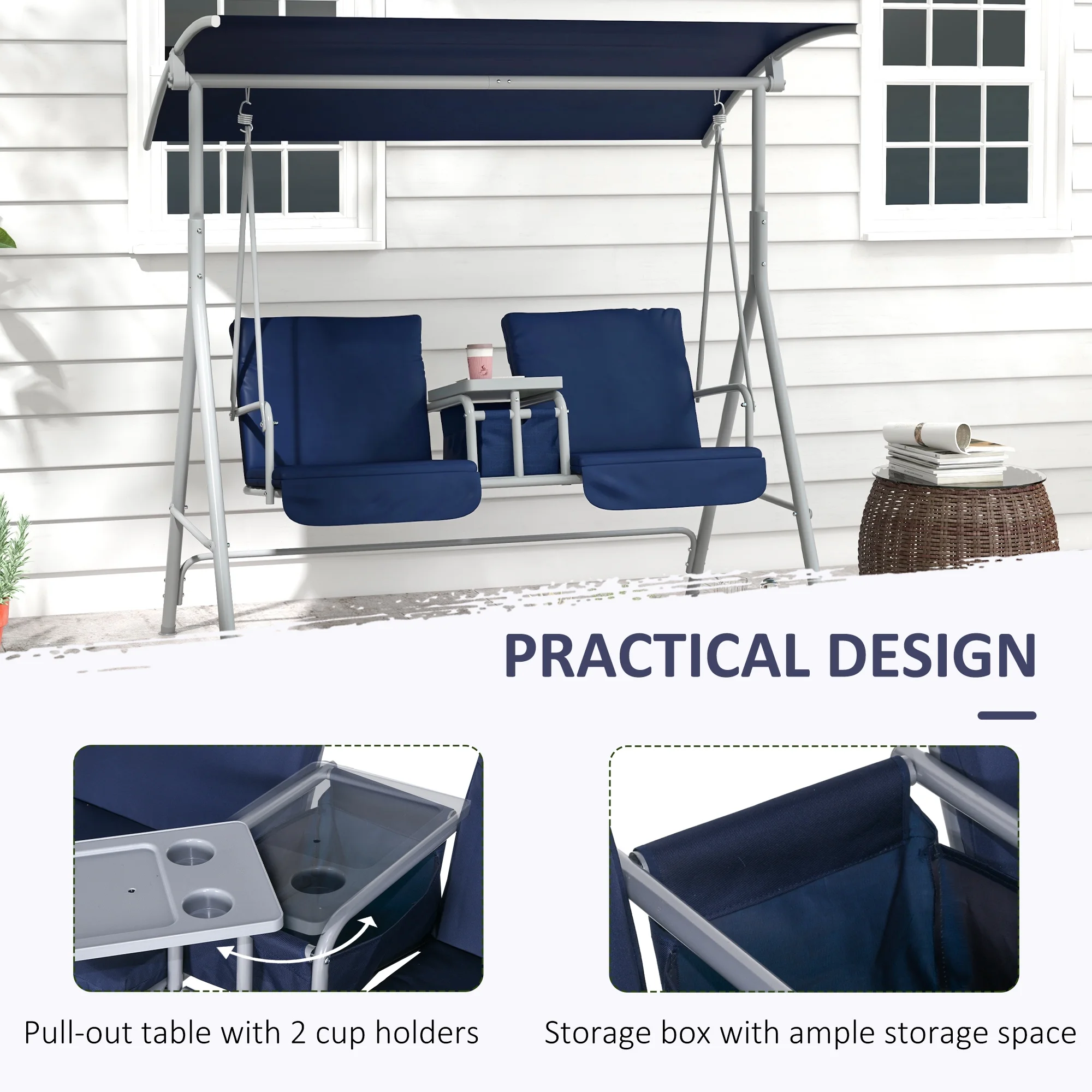 2 Person Porch Swing with Stand, Outdoor Swing with Canopy, Pivot Storage Table, 2 Cup Holders, Cushions for Patio, Backyard, Dark Blue(Dark Blue) - Image 5