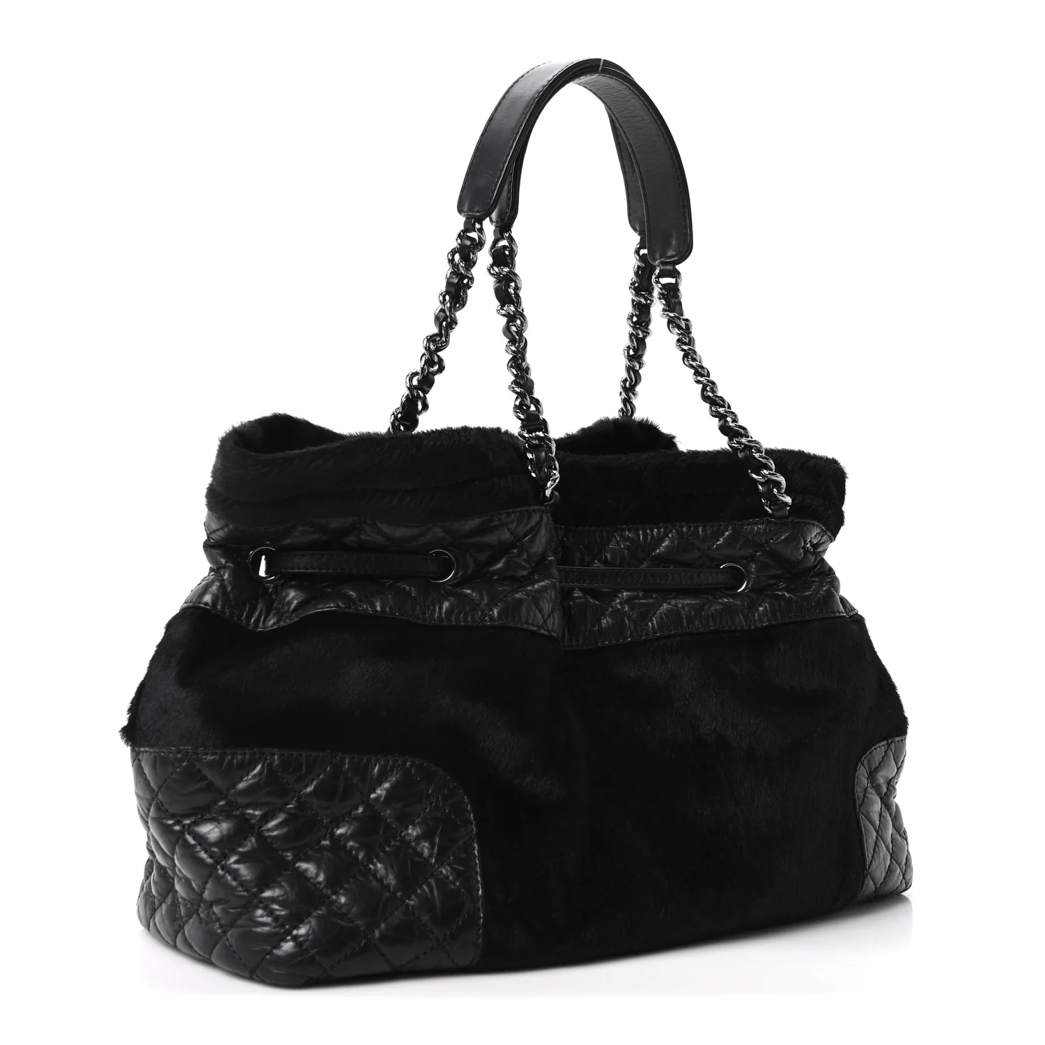 Aged Calfskin Pony Hair Quilted Small Miss Pony Drawstring Tote Black