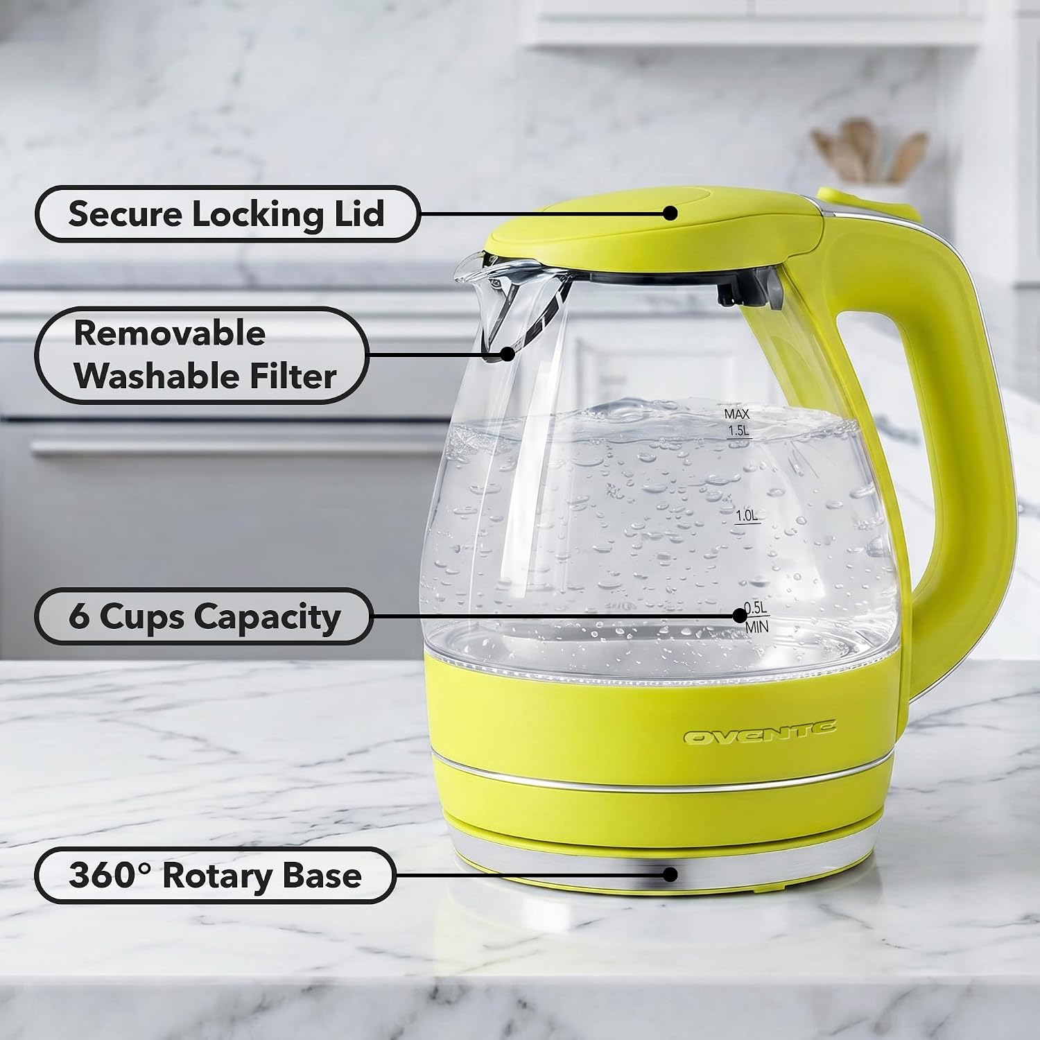 OVENTE 1.5L Glass Electric Kettle Water Boiler, Green KG83G