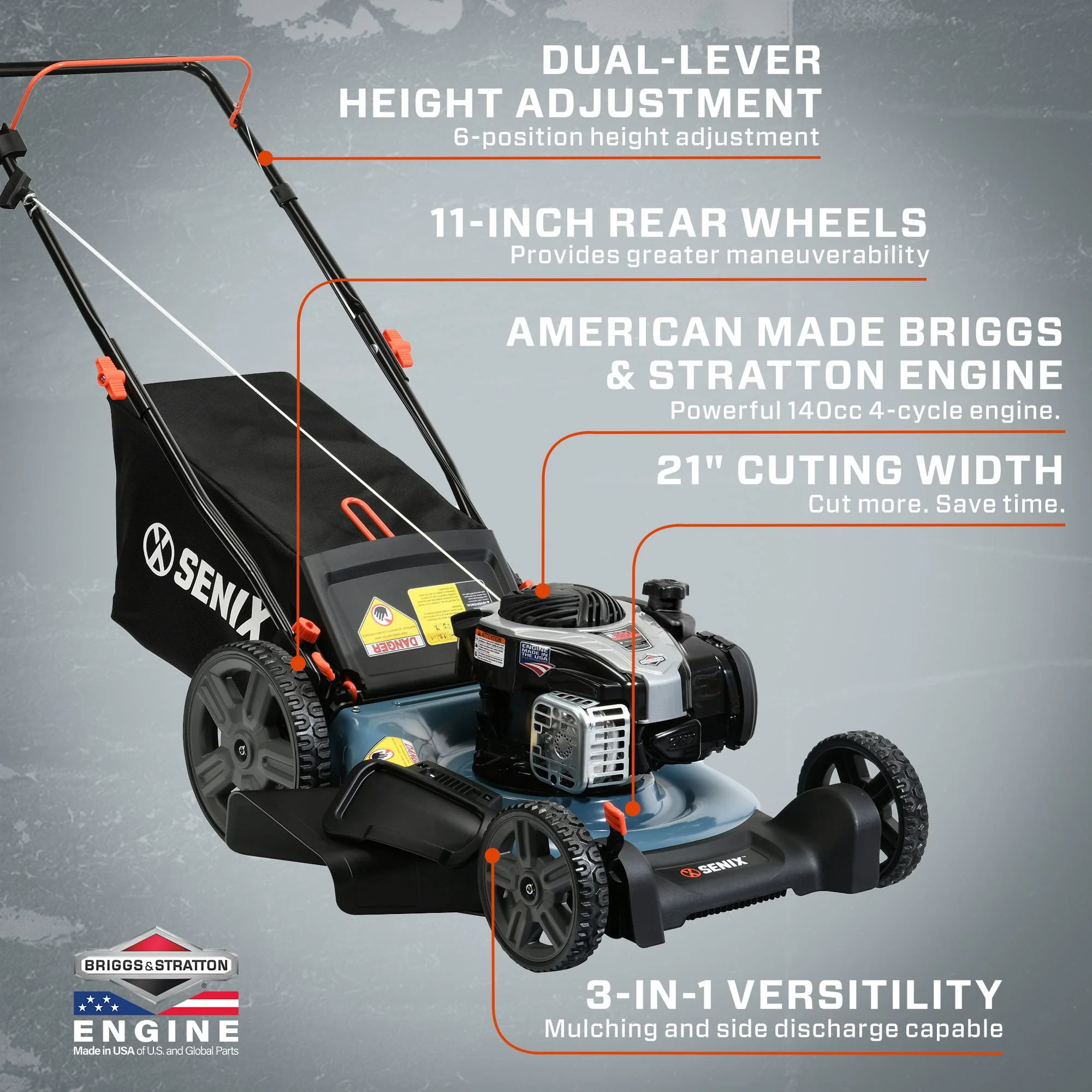 SENIX Gas Lawn Mower, 21 Inch, 140 cc 4 Cycle Briggs Stratton Engine, 3 In 1 Push Lawnmower, 6 Position Height Adjustment with 11 Inch Rear Wheels, LSPG M7, Blue(B Black) Image 6