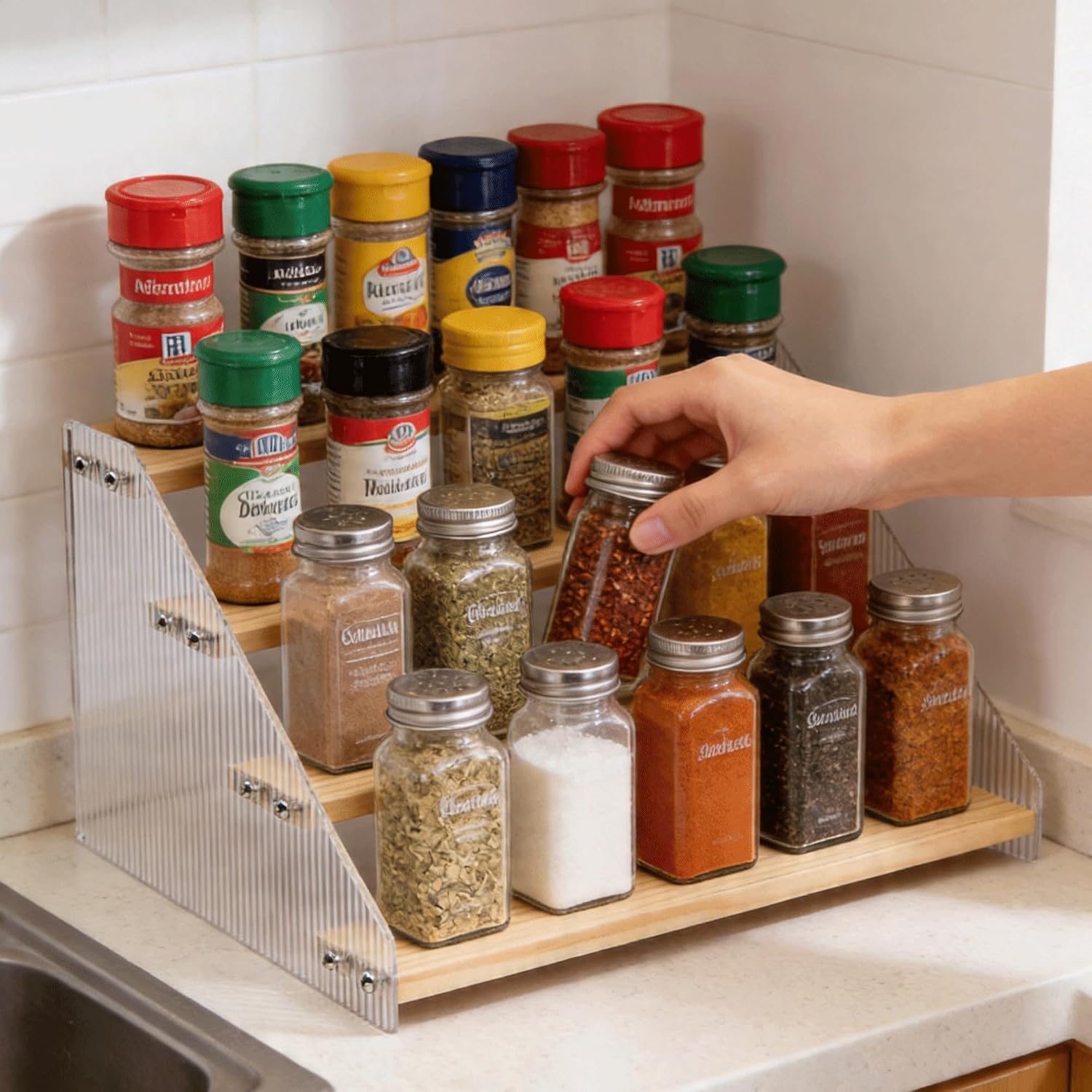 Tiered Spice Rack Organizer for Countertop & Cabinet, 4-Tier 12in Kitchen Seasoning Storage Shelf, Space Saving Standing Spice Organizer, Wooden & Acrylic, Solid Wood