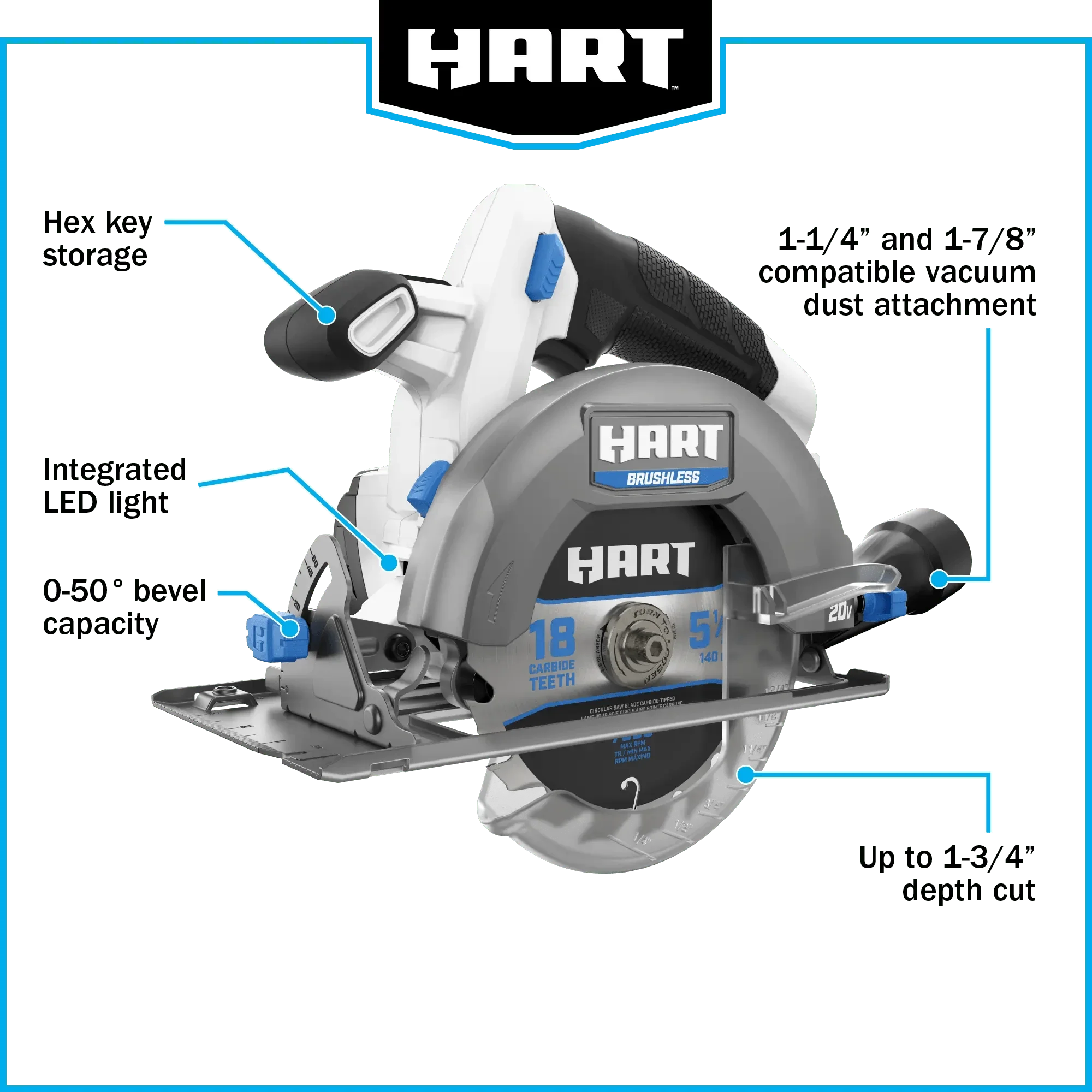 HART 20-Volt Brushless 5-1/2-inch Compact Battery-Powered Circular Saw (Battery Not Included) New Condition