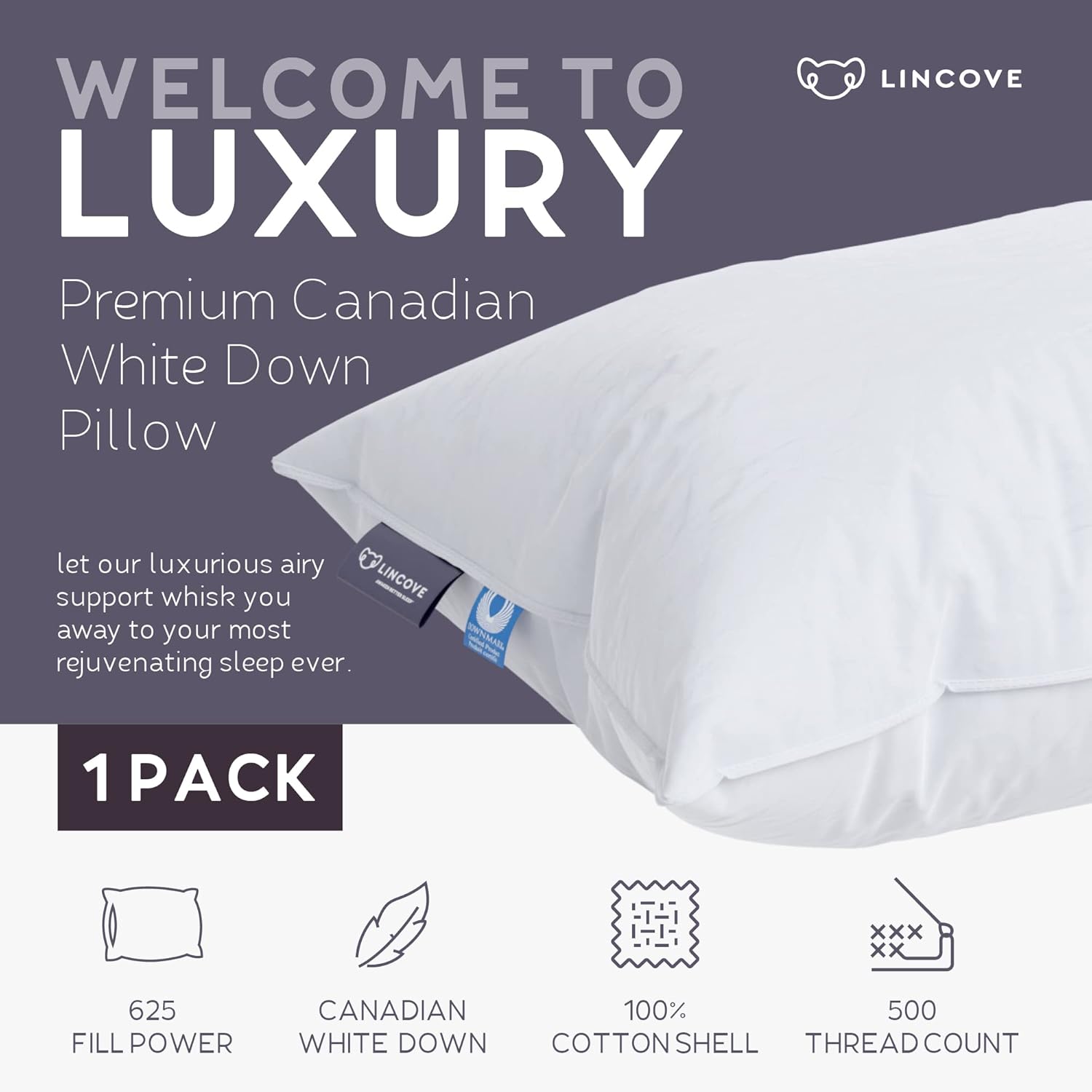 Lincove Cloud Natural Canadian Down Pillow, White Luxury Sleeping Pillow - 625 Fill Power, 500 Thread Count Cotton Shell, Made in Canada, Standard - Firm, 1 Pack
