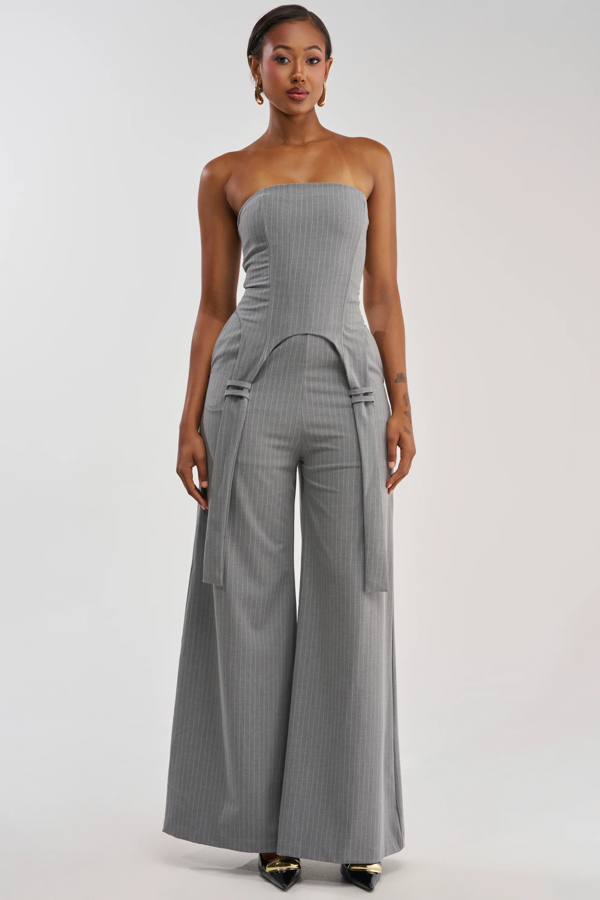 WATCH AND LEARN STRAPLESS PINSTRIPE JUMPSUIT - Akira Store