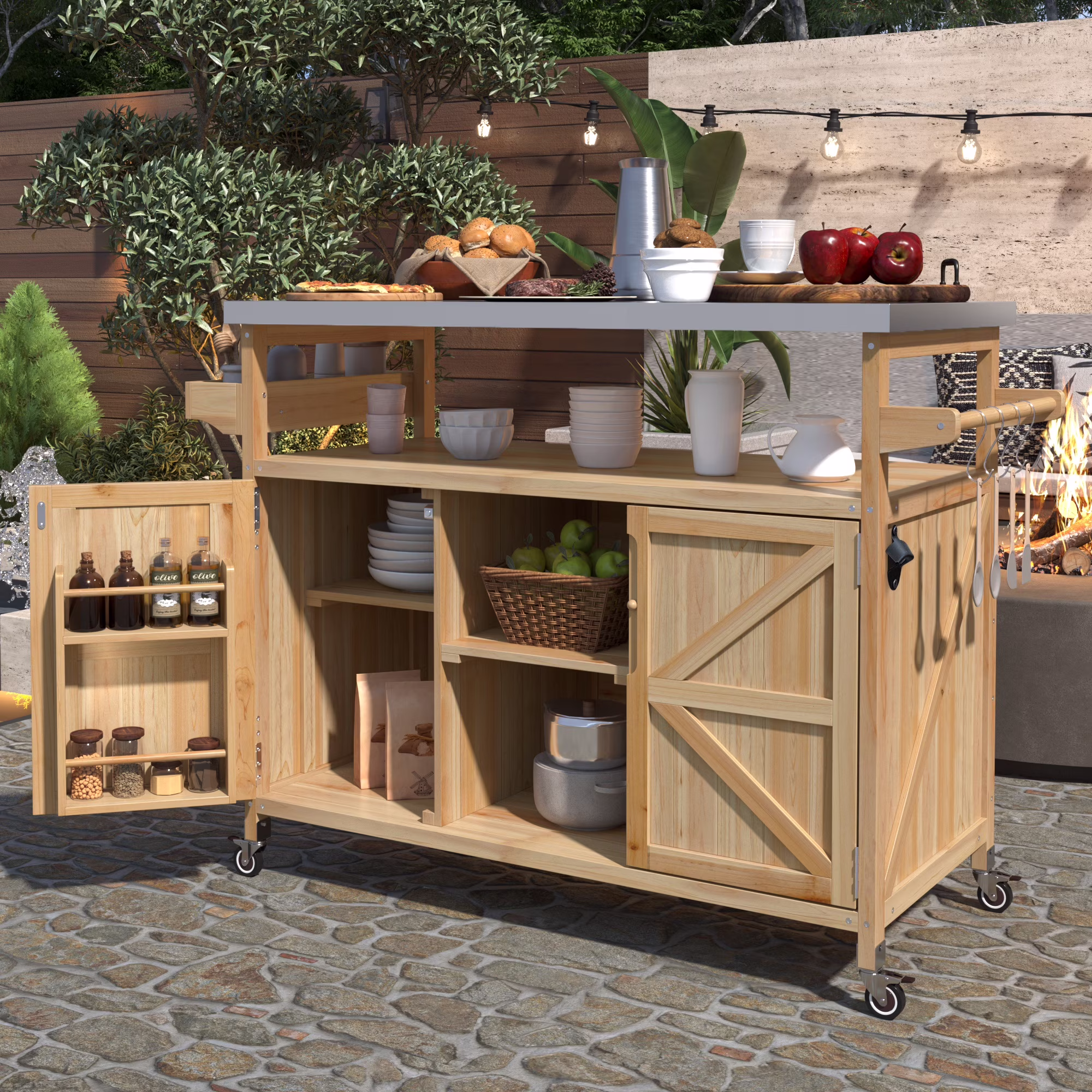 Bellemave Outdoor Serving Cart Kitchen Island Solid Wood Mobile Rolling Bar Cart with Lockable Wheels, Rack and Stainless Steel Top Beverage Storage Counter Table with Cabinet for Patio, Natural