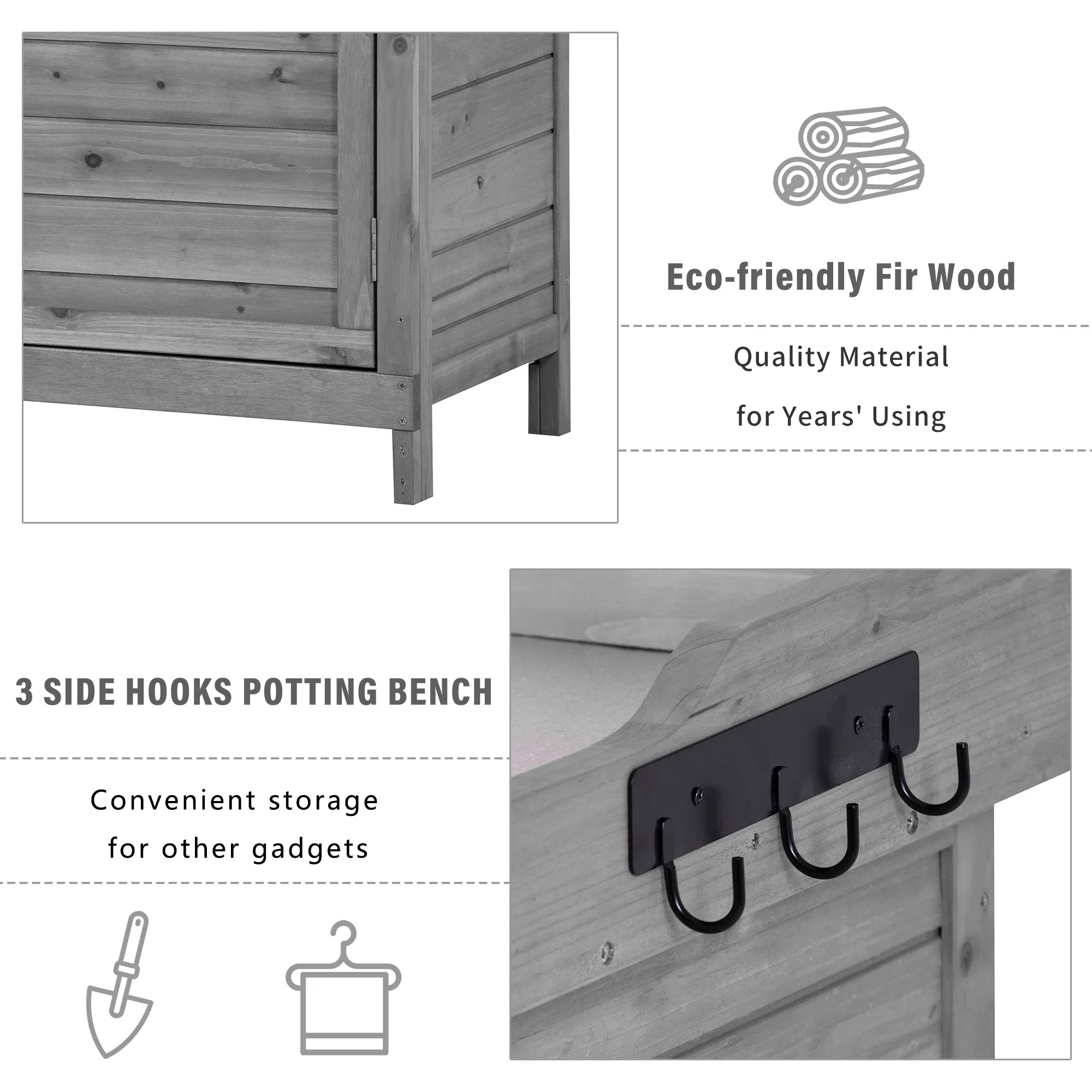 YIYADO Outdoor 39 Potting Bench Table, Rustic Garden Wood Workstation Storage Cabinet Garden Shed with 2-Tier Shelves and Side Hook, Grey