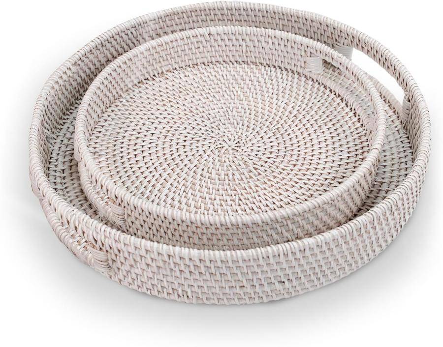 Rattan Round Serving Tray, Hand Woven Serving Basket With Cut - Out Handles, Wicker Fruit/Bread Serving Basket, (Set Of 2 Tray- 14.17