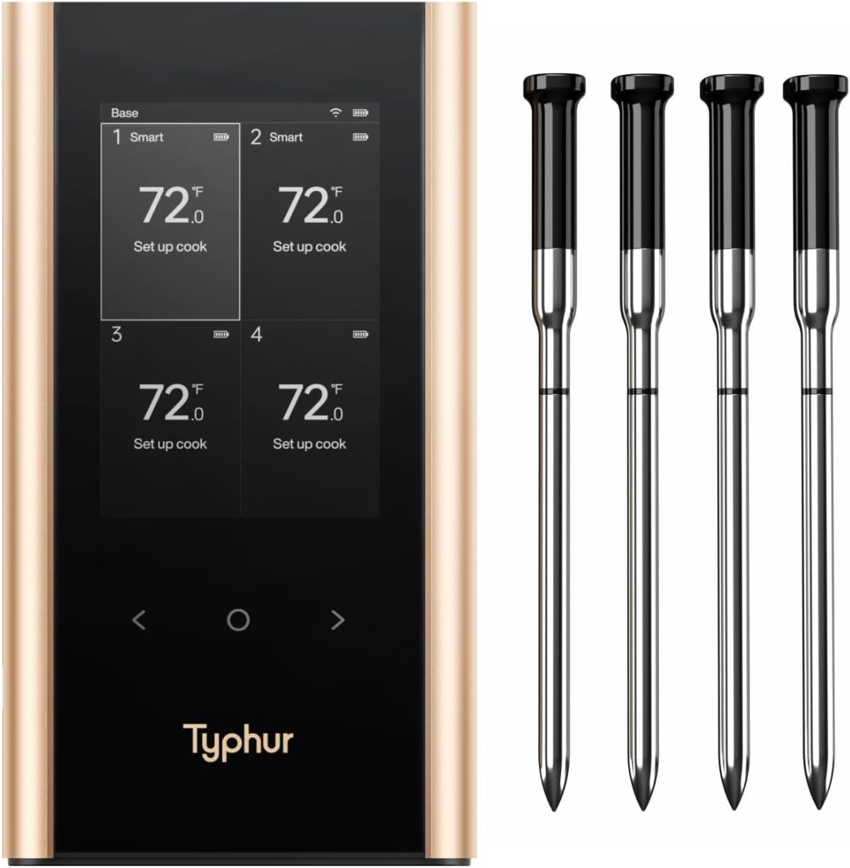 Sync Gold Wireless WiFi Meat Thermometer, 4 Slim Probes, 6 Sensors, 10x Stronger Signal, ±0.5℉ Accuracy, Smart Base Direct Setup, Reliable Reading Through Kamado Grill, BBQ, Oven, Smoker, Air Fryer