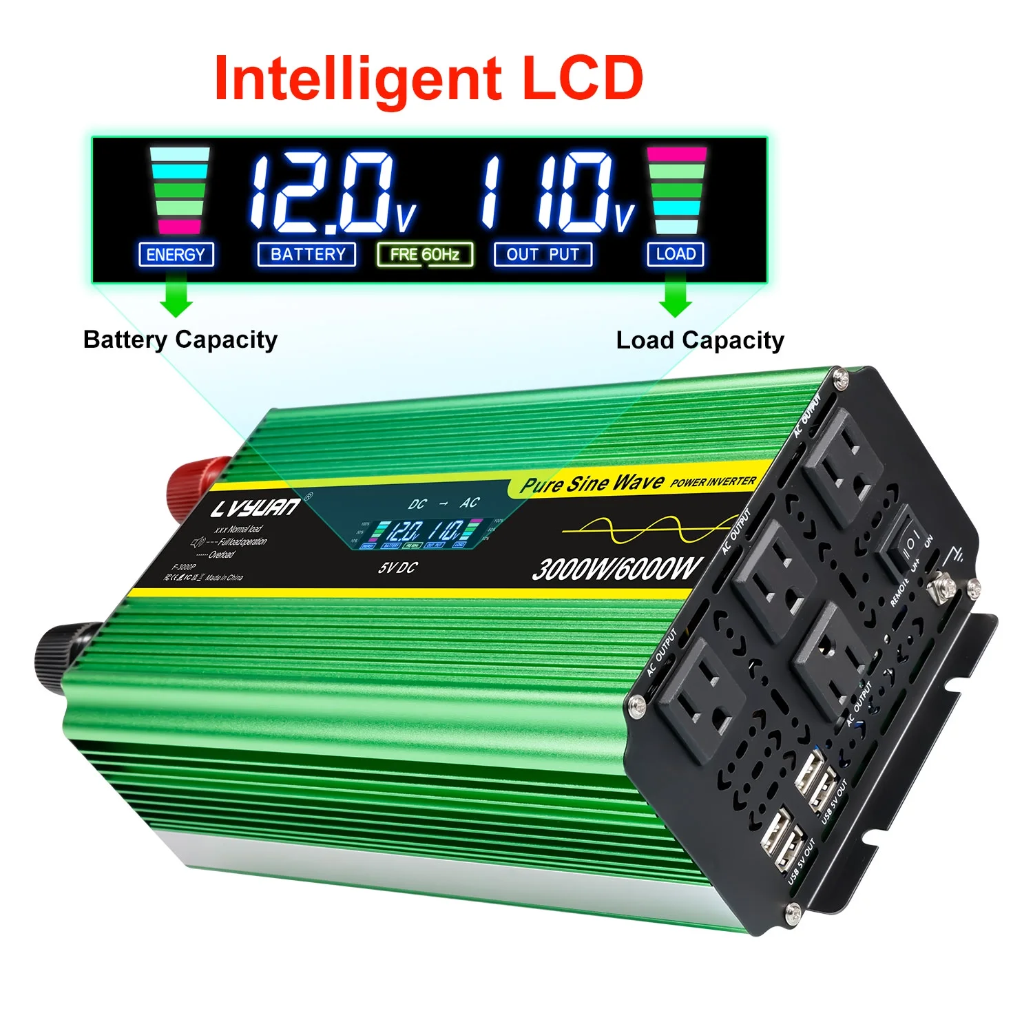 LVYUAN 3000watts Pure Sine Wave Power Inverter DC 12V to AC 110V 120V Converter 4USB 4AC LCD Display with Remote Control