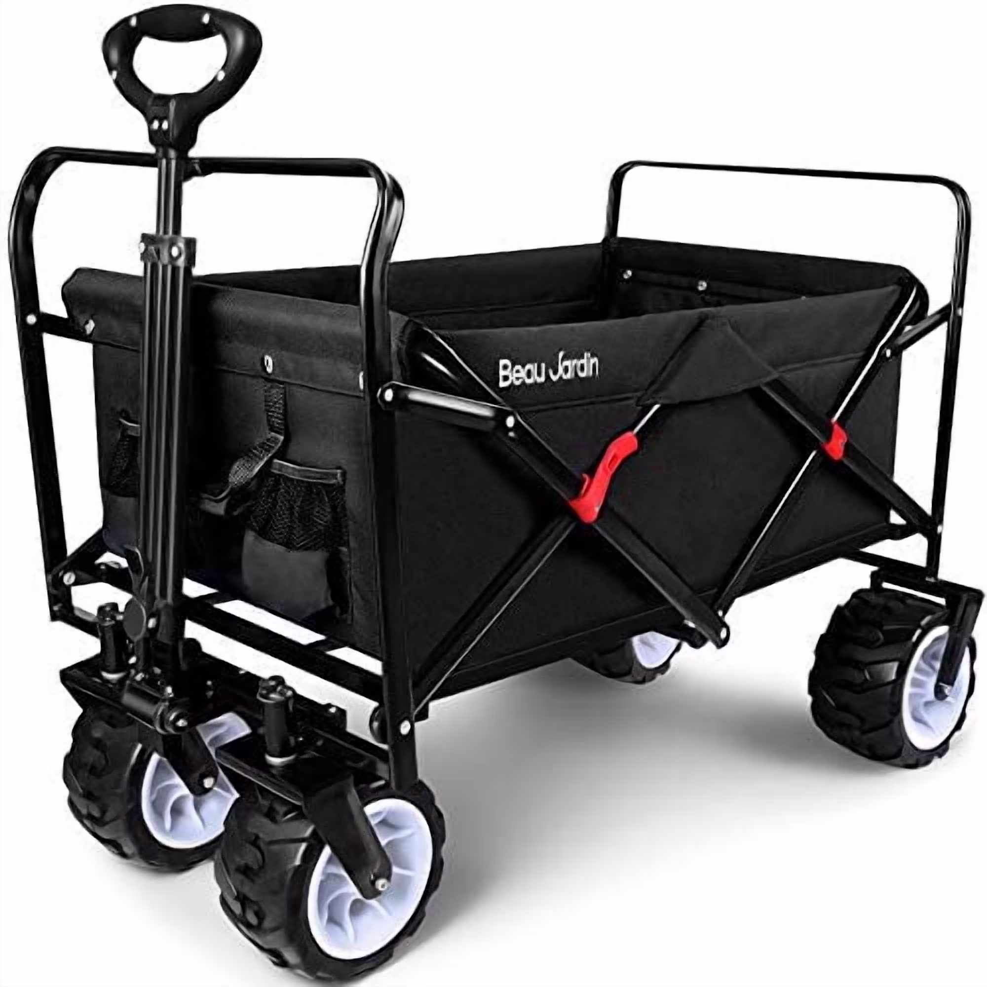 BEAU JARDIN Collapsible Folding Wagon 300 Pound Capacity Heavy Duty Foldable Beach Wagon Cart Grocery Utility Wagon for Garden Sports Shopping Outdoor All-Terrain Wheel Portable Black
