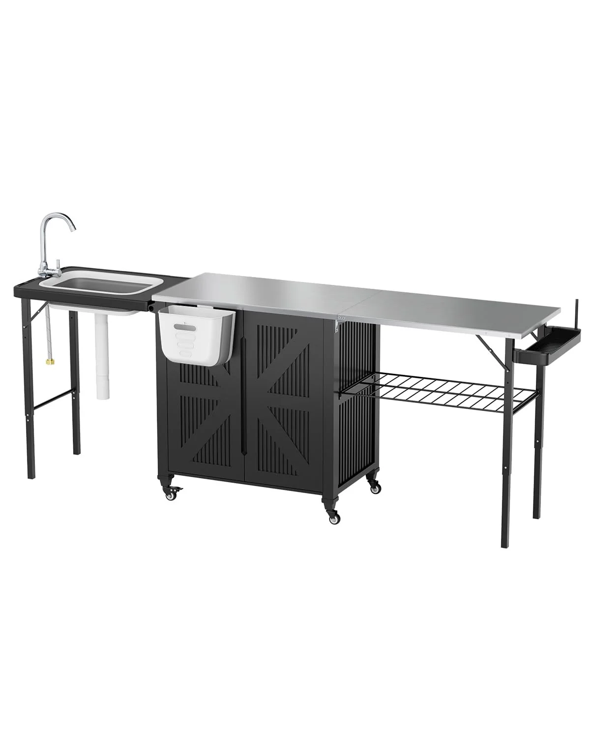 AECOJOY Outdoor Grill Cart Table with Sink, Portable Folding Kitchen Island with Storage Cabinet